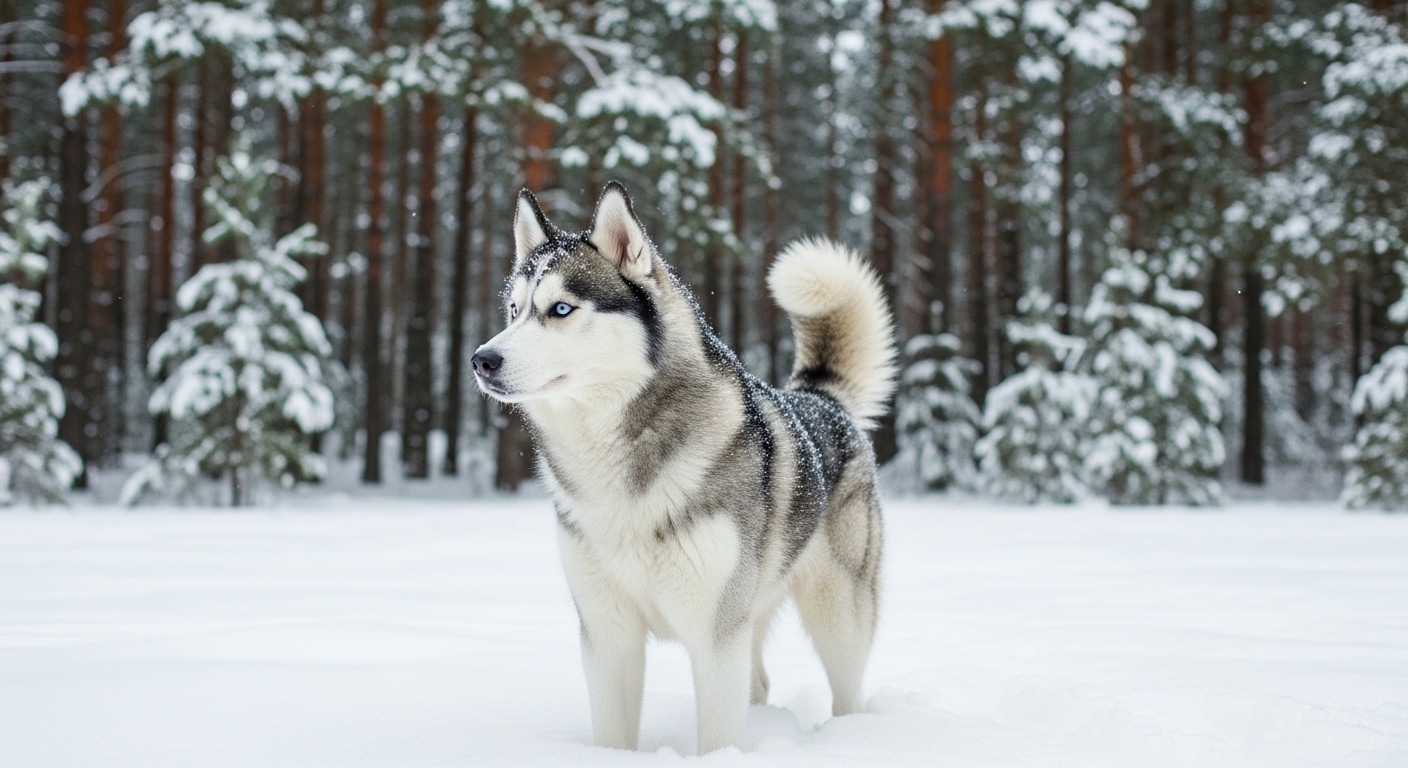 Siberian Husky standing alert in a snowy forest clearing