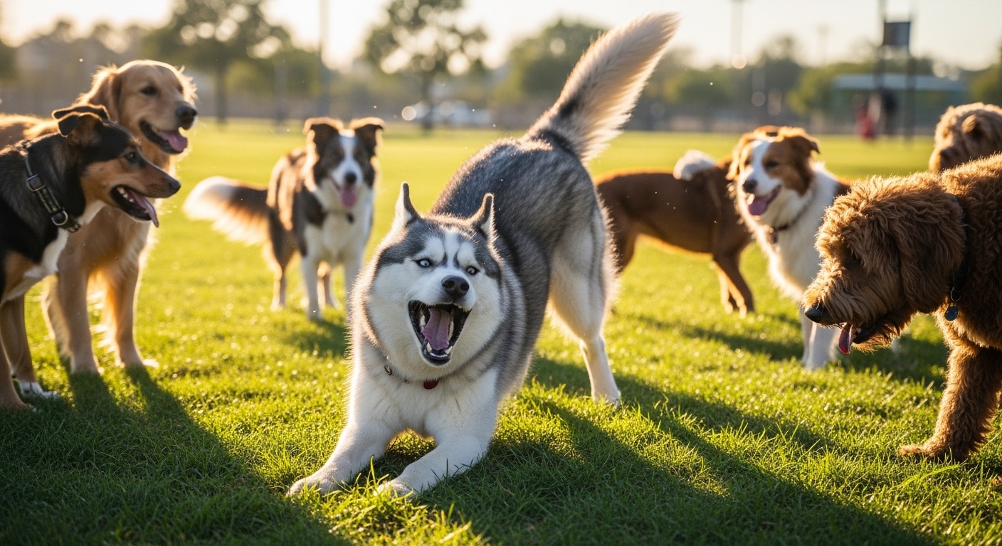 Siberian Husky playing with other dogs in a sunny dog park