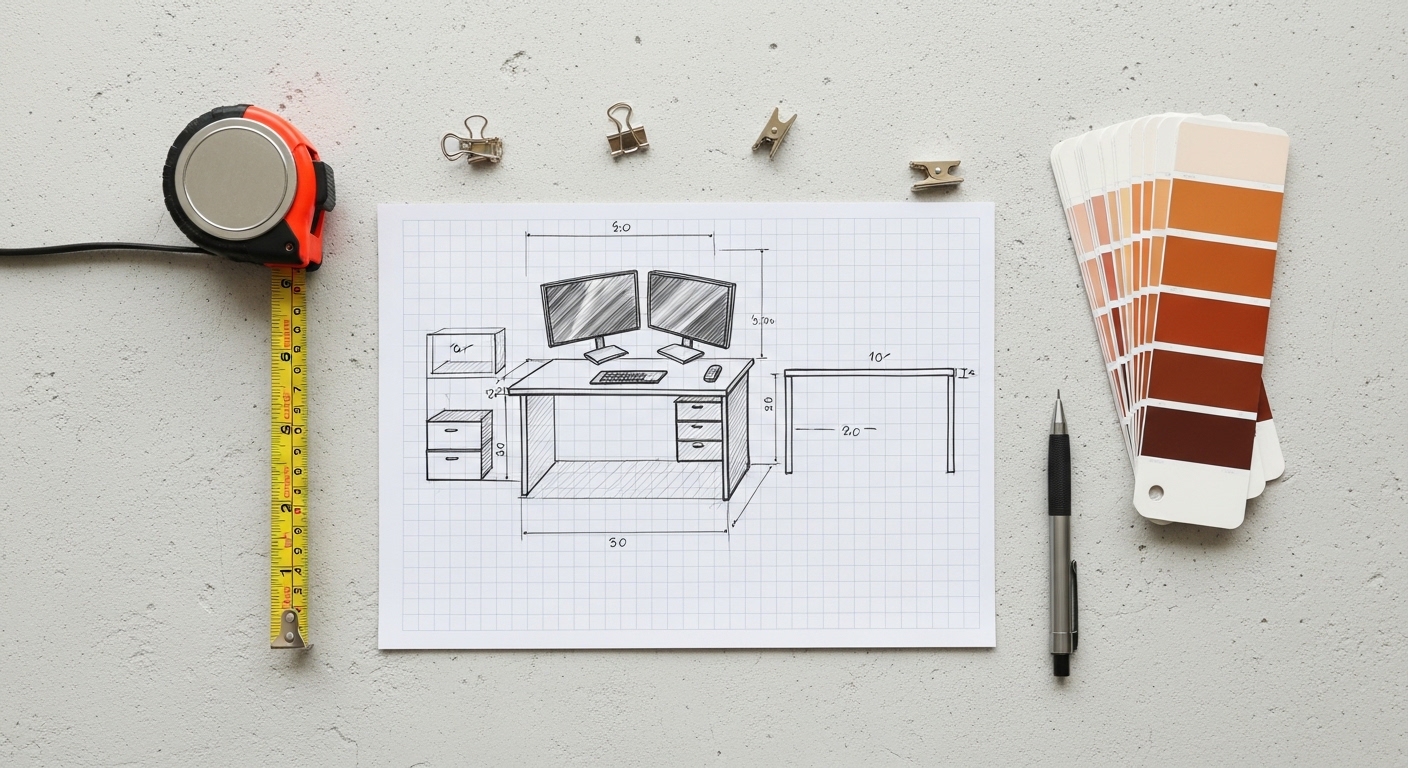 Overhead flat-lay of desk planning sketch with cable clips and color swatches