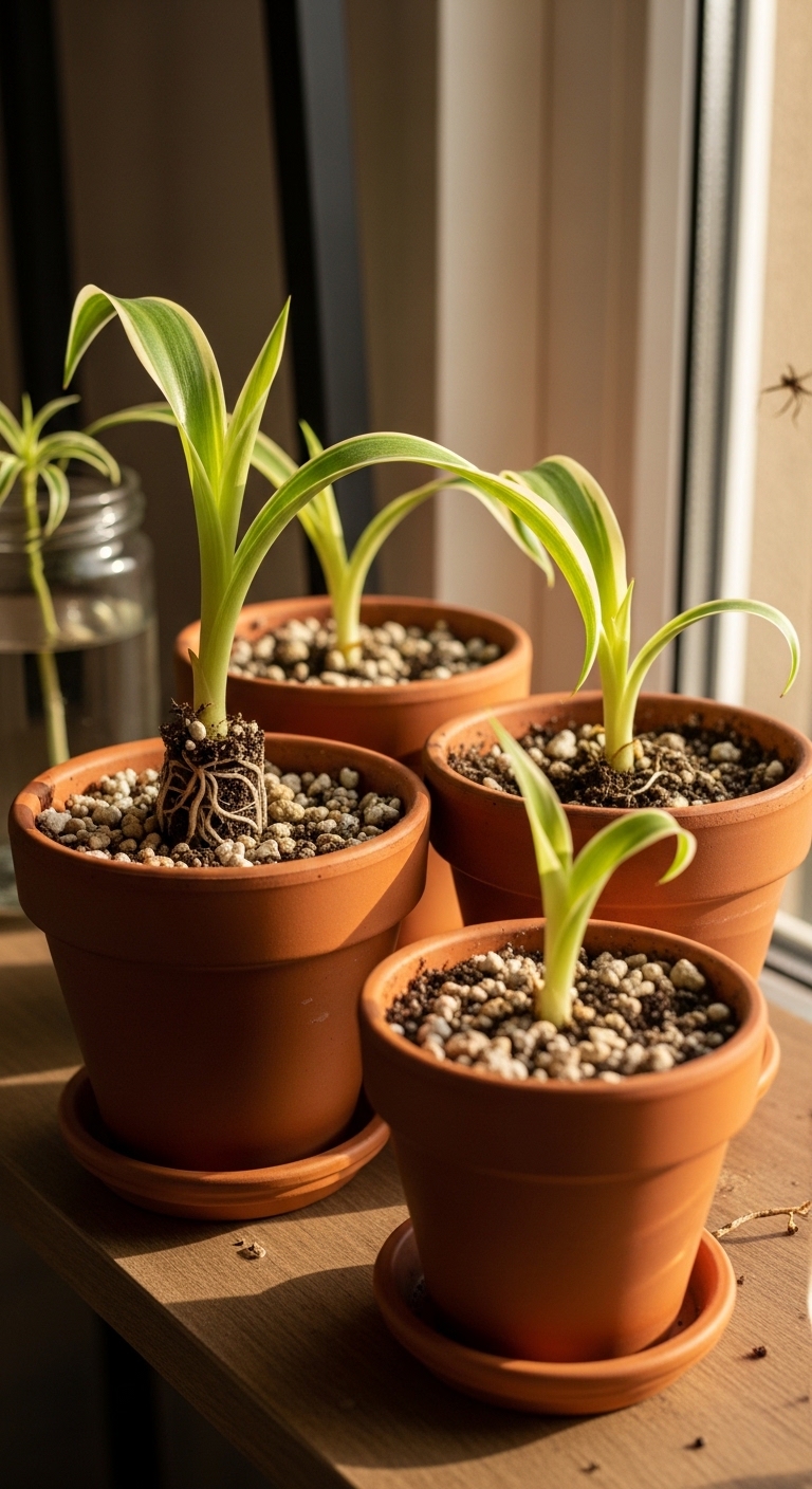 Four rooted spider plant spiderettes in terracotta pots on sunny wooden shelf