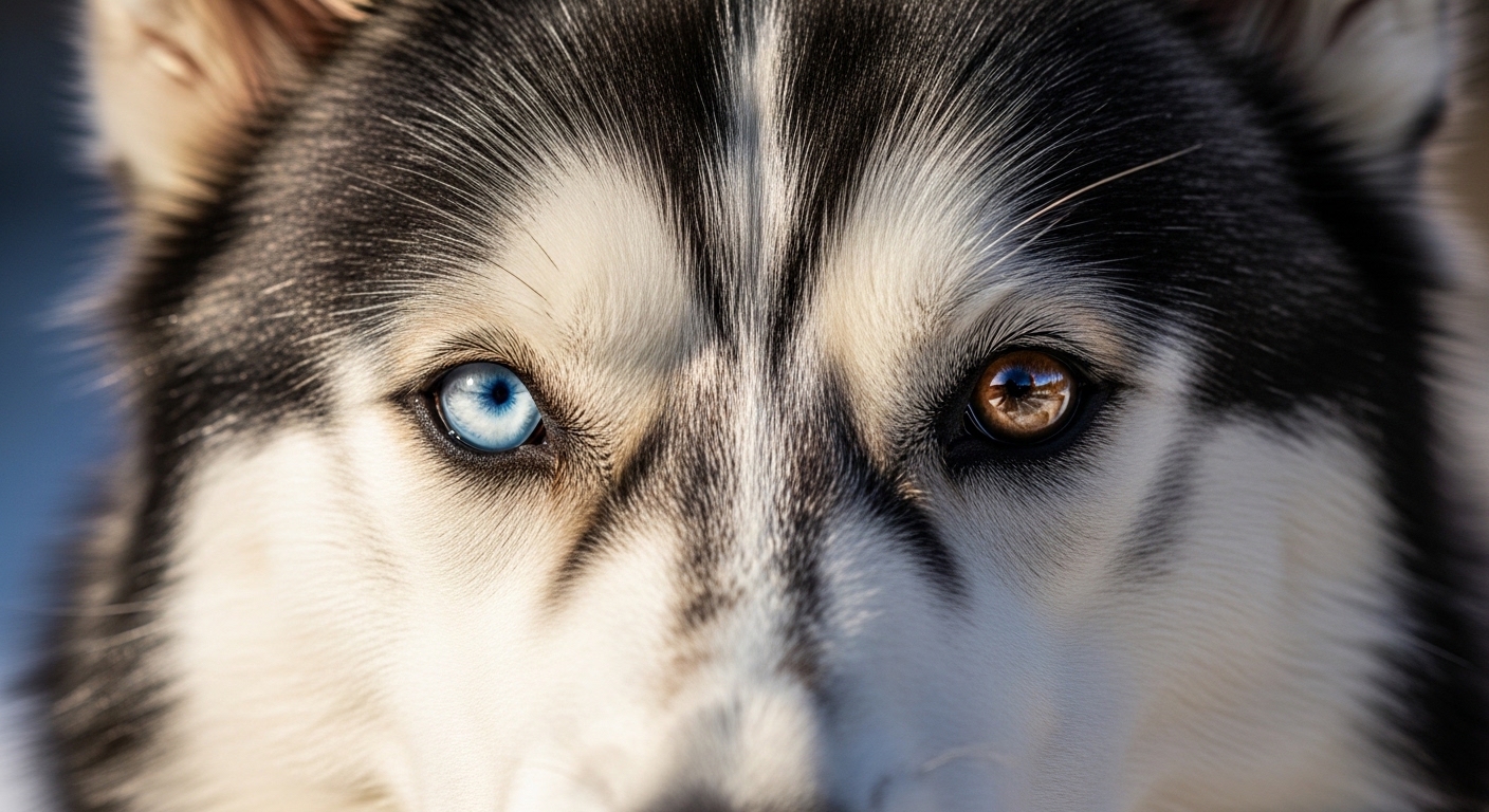 Siberian Husky close-up with heterochromia blue and brown eyes