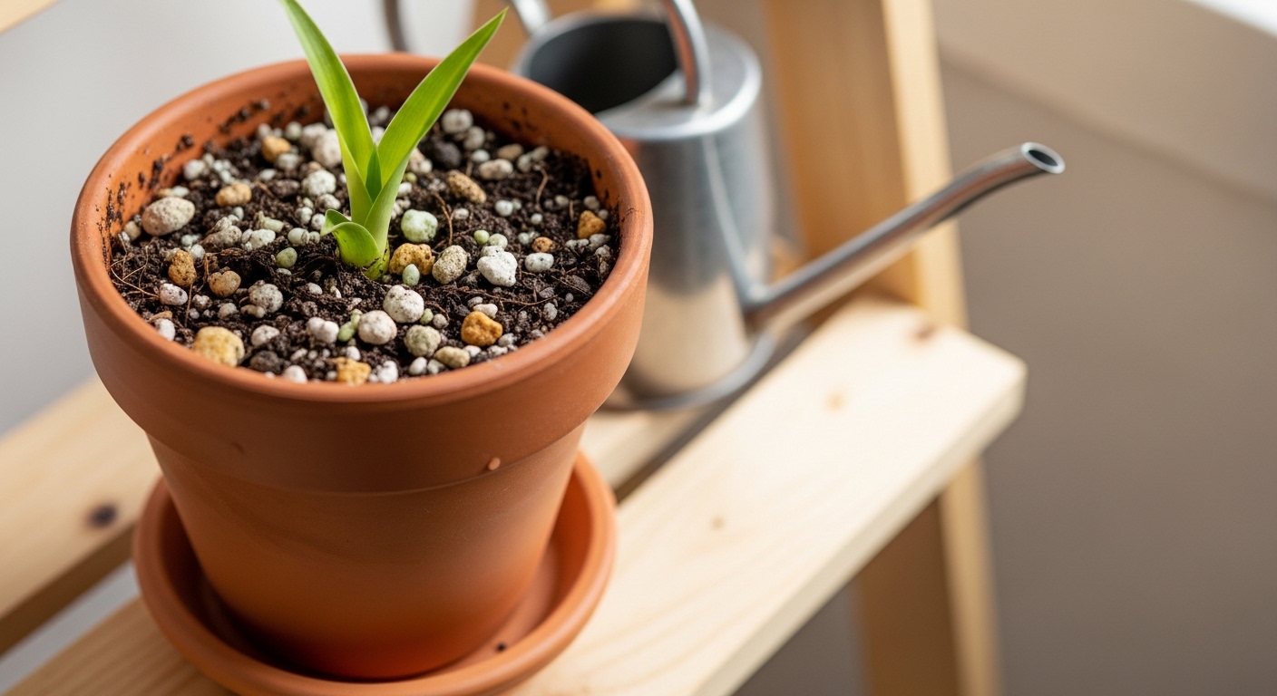 Freshly potted spider plant spiderette with new leaf growth in terracotta pot