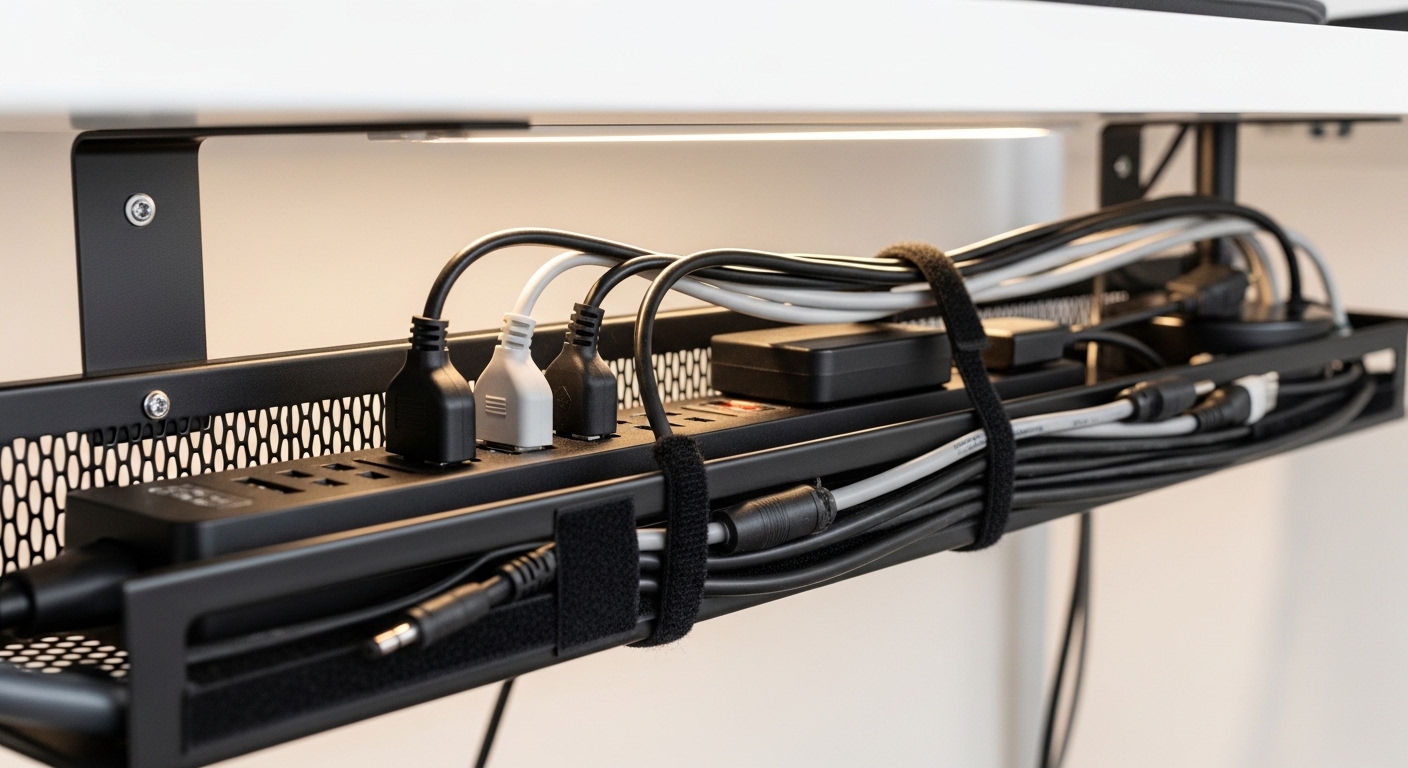 Under-desk cable tray with neatly organized power strip and velcro-tied cables