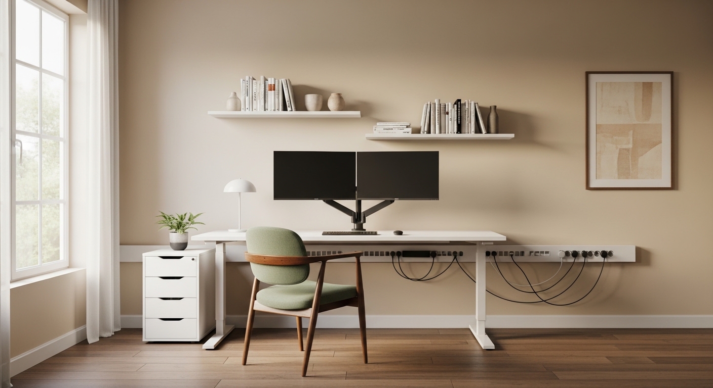 Wide-angle home office with dual monitors, sage green chair, and floating shelves
