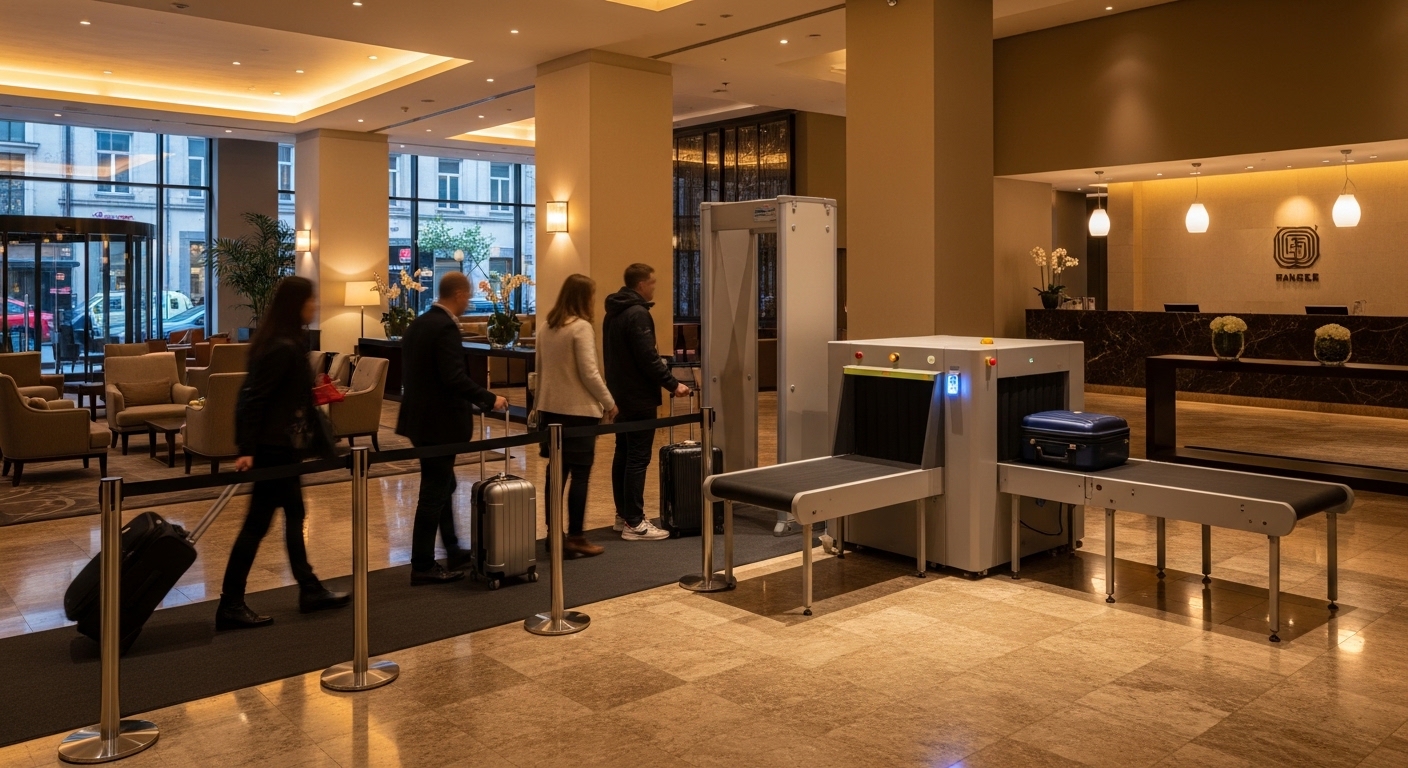 Hotel lobby with integrated airport security screening