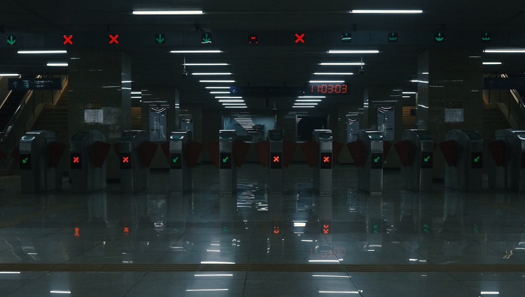 Remote airport security checkpoint, spacious and uncrowded