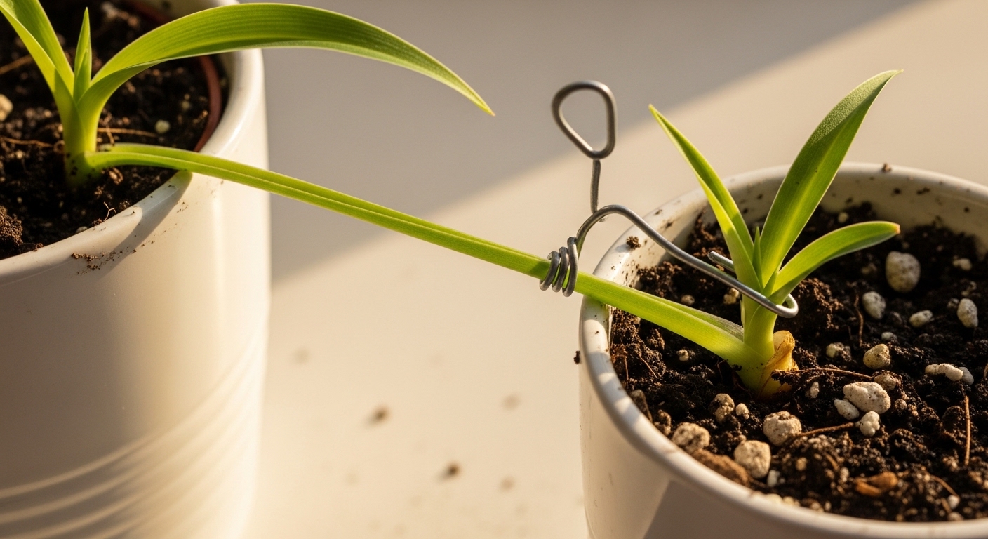 Spider plant spiderette pinned onto moist soil in small ceramic pot