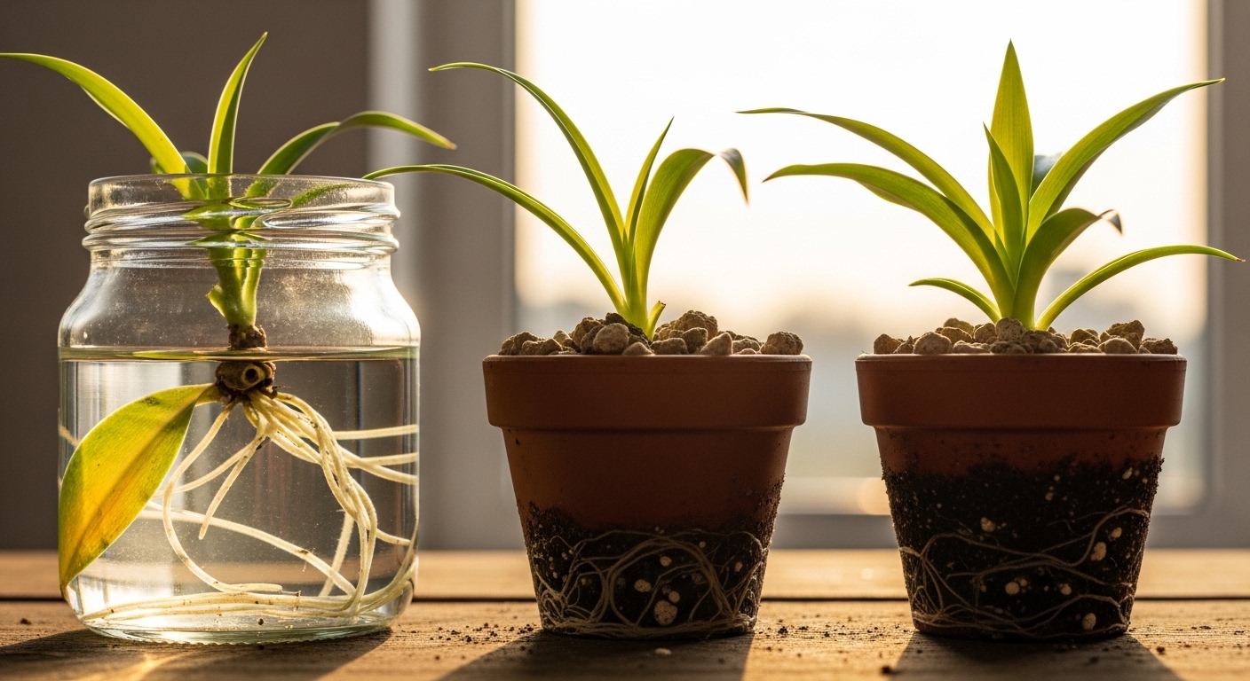 Three spider plant spiderettes at different rooting stages on wooden surface