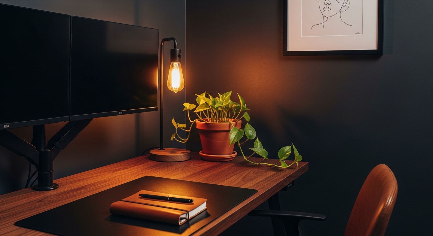 Styled dual monitor desk corner with walnut surface, warm lamp, and pothos plant