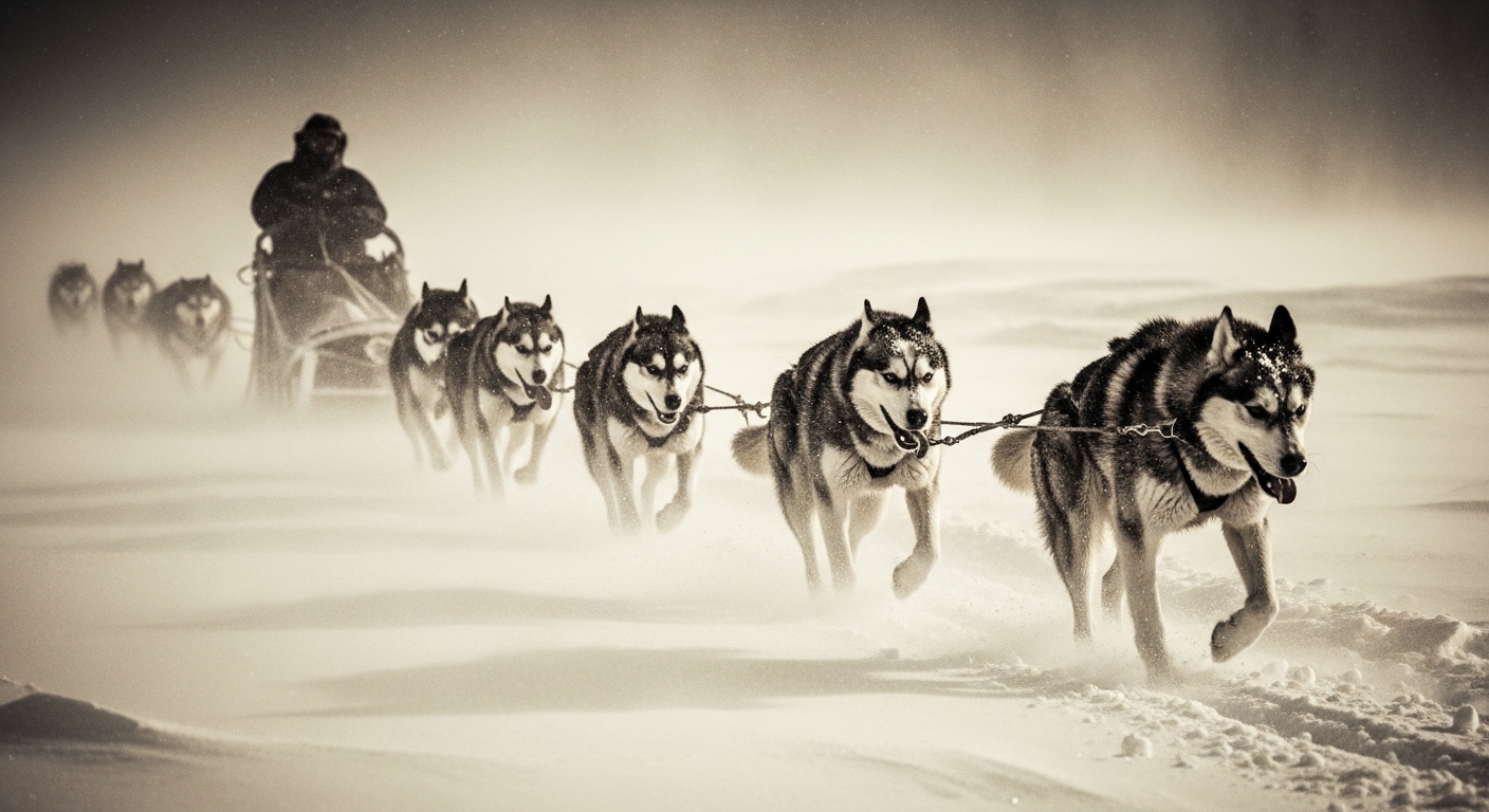 Siberian Husky sled team pulling a sled through an Alaskan blizzard