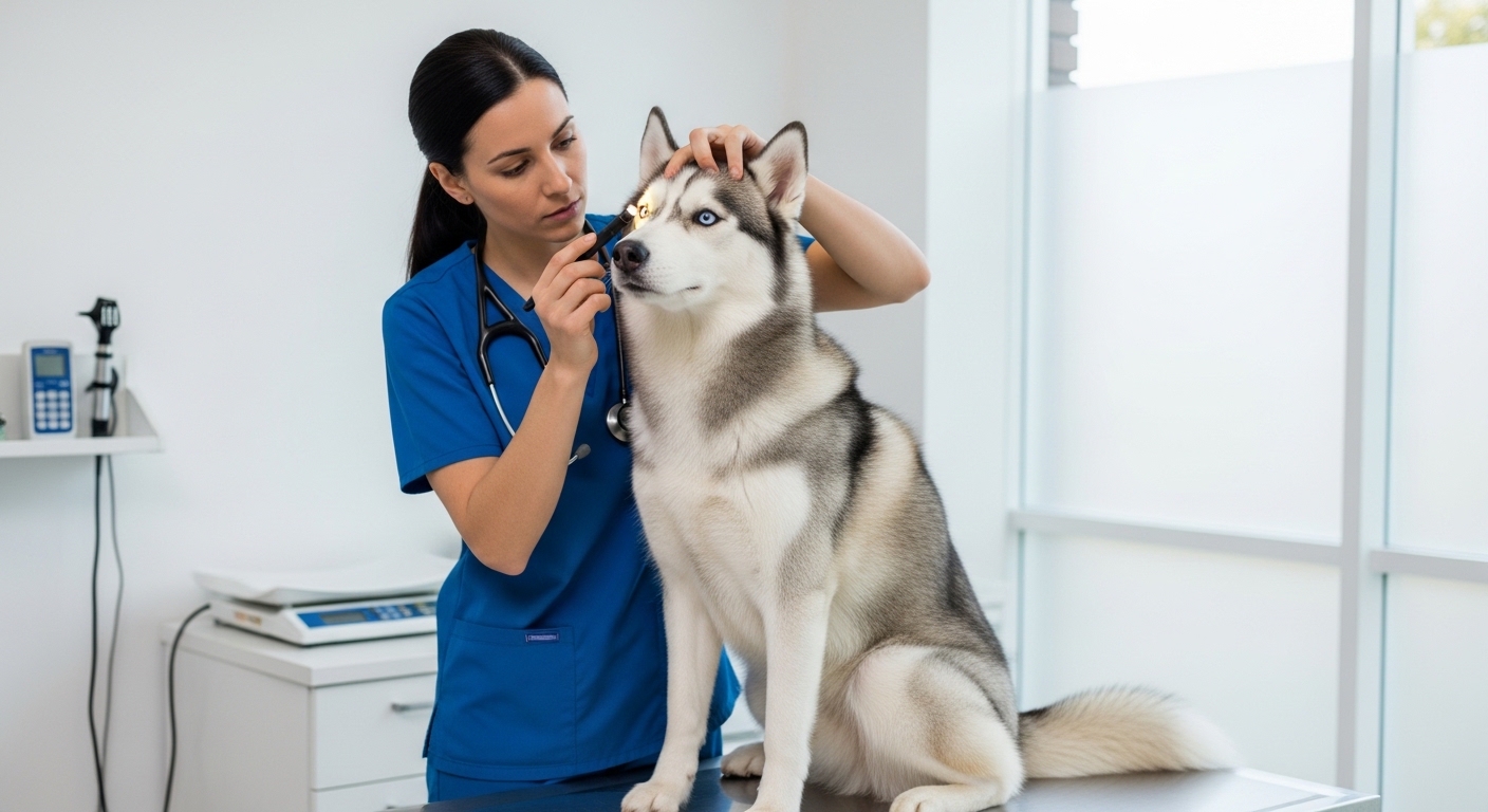 Siberian Husky being examined by a veterinarian in a clinic
