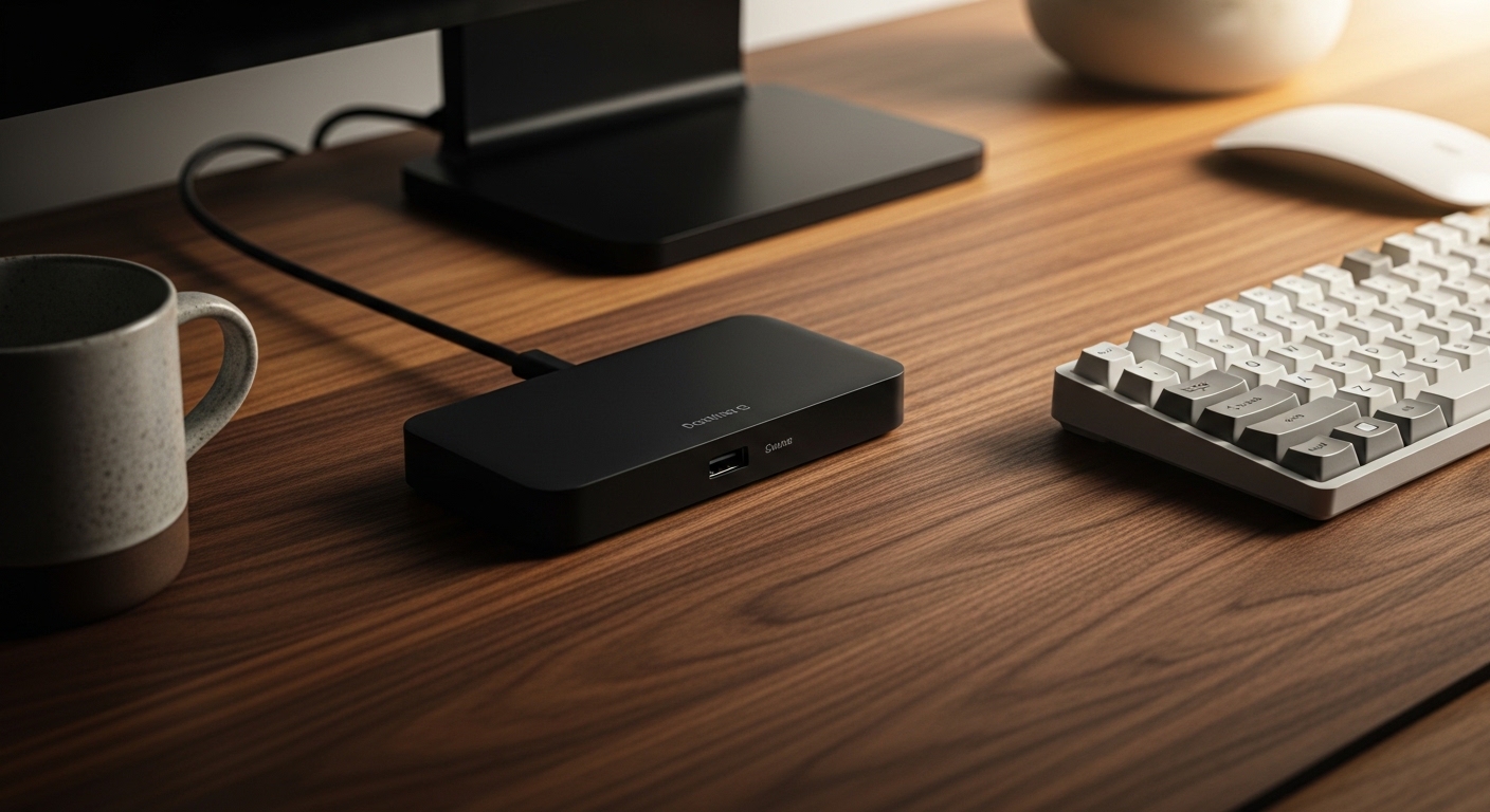 Close-up of USB-C docking station and mechanical keyboard on walnut desk pad