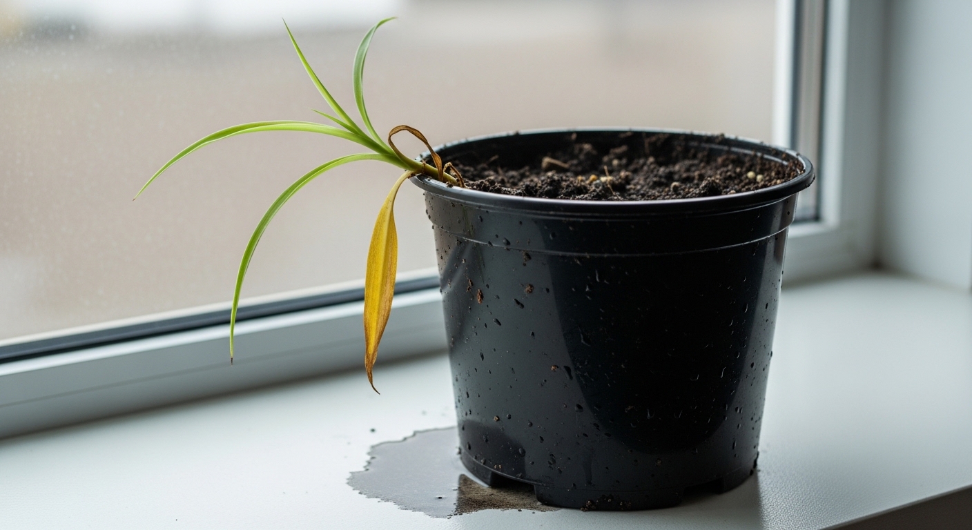 Stressed spider plant spiderette in oversized pot showing overwatering signs