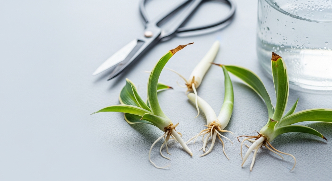 Three spider plant spiderettes at different rooting stages on linen surface