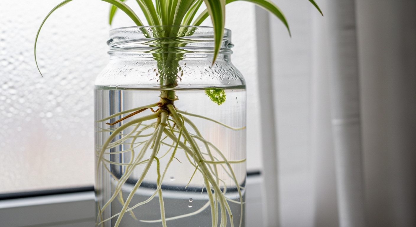 Spider plant spiderette rooting in glass jar of water on windowsill