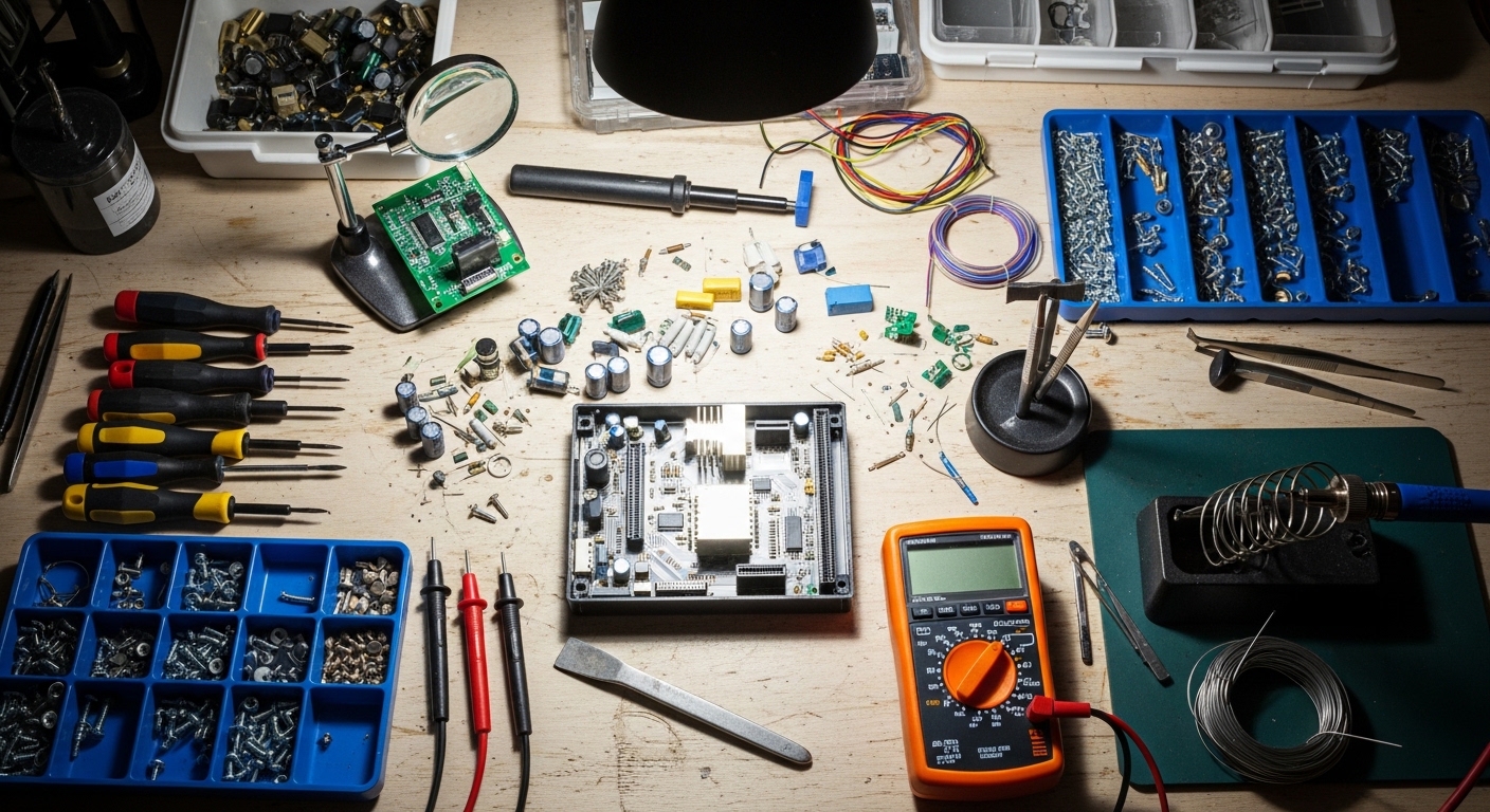 Electronics repair workbench with disassembled circuit board