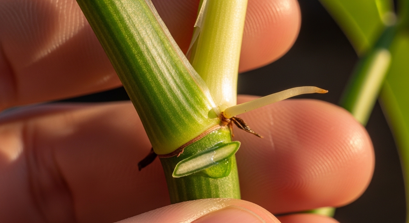 Close-up of philodendron stem node with emerging aerial root nub.