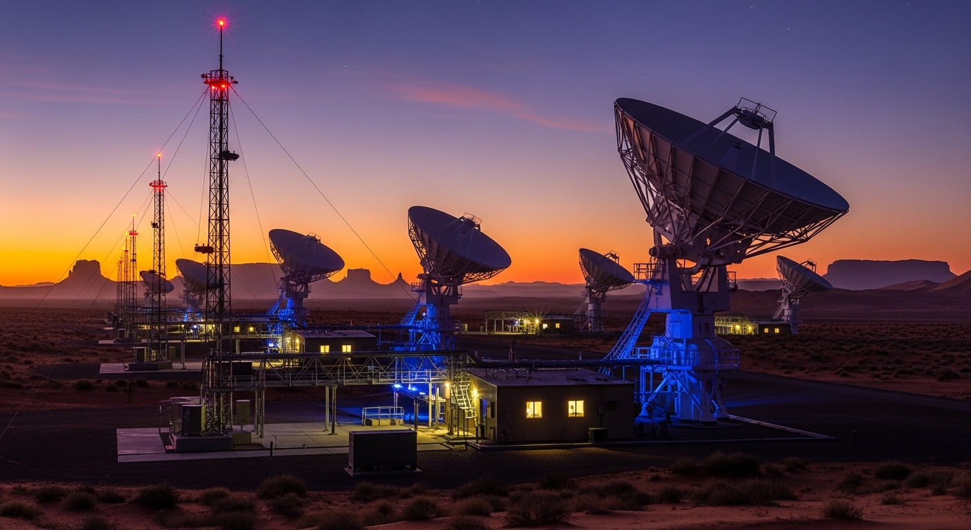 GPS ground control station with large dish antennas at dusk