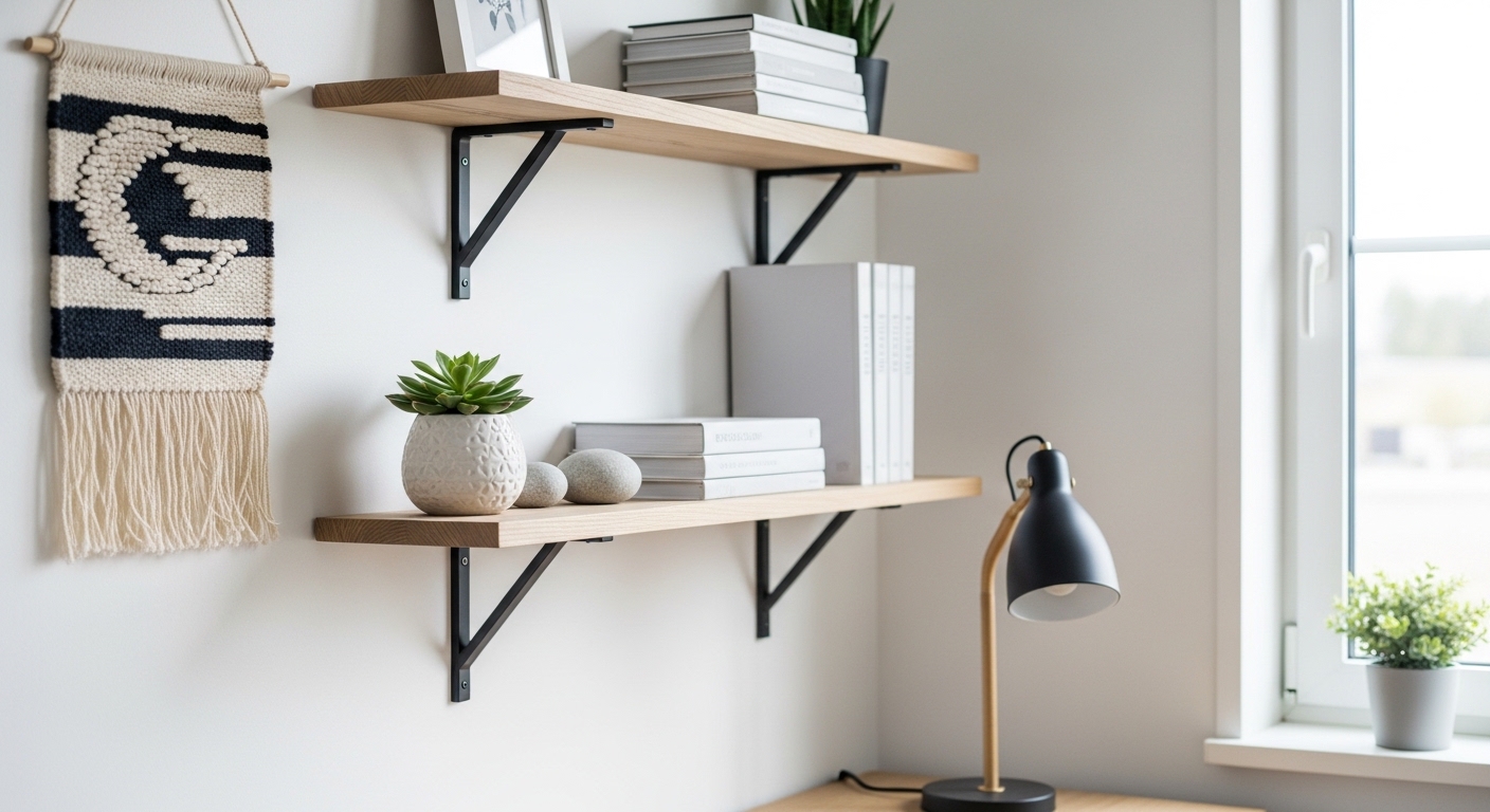Scandinavian floating shelves with pale wood and black metal brackets