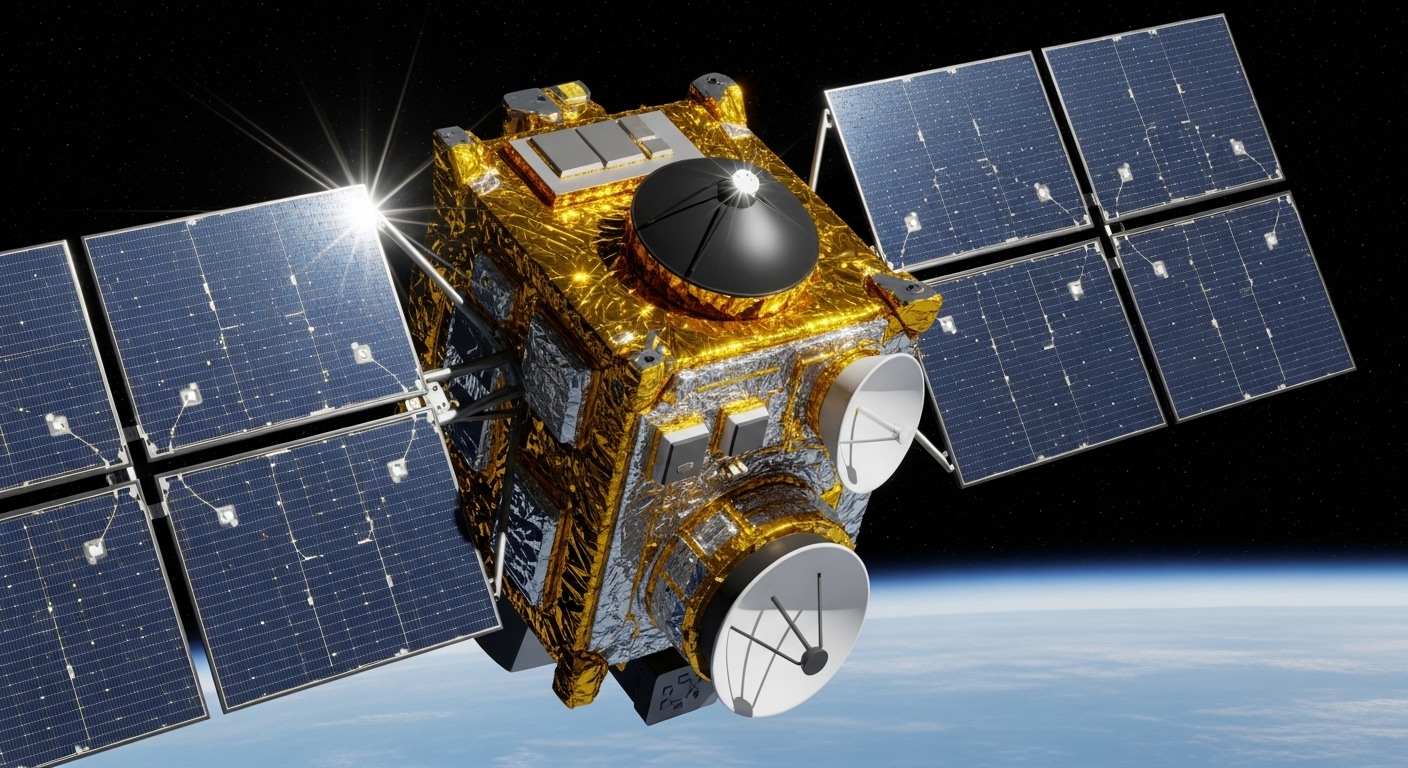 GPS satellite close-up with solar panels in orbit