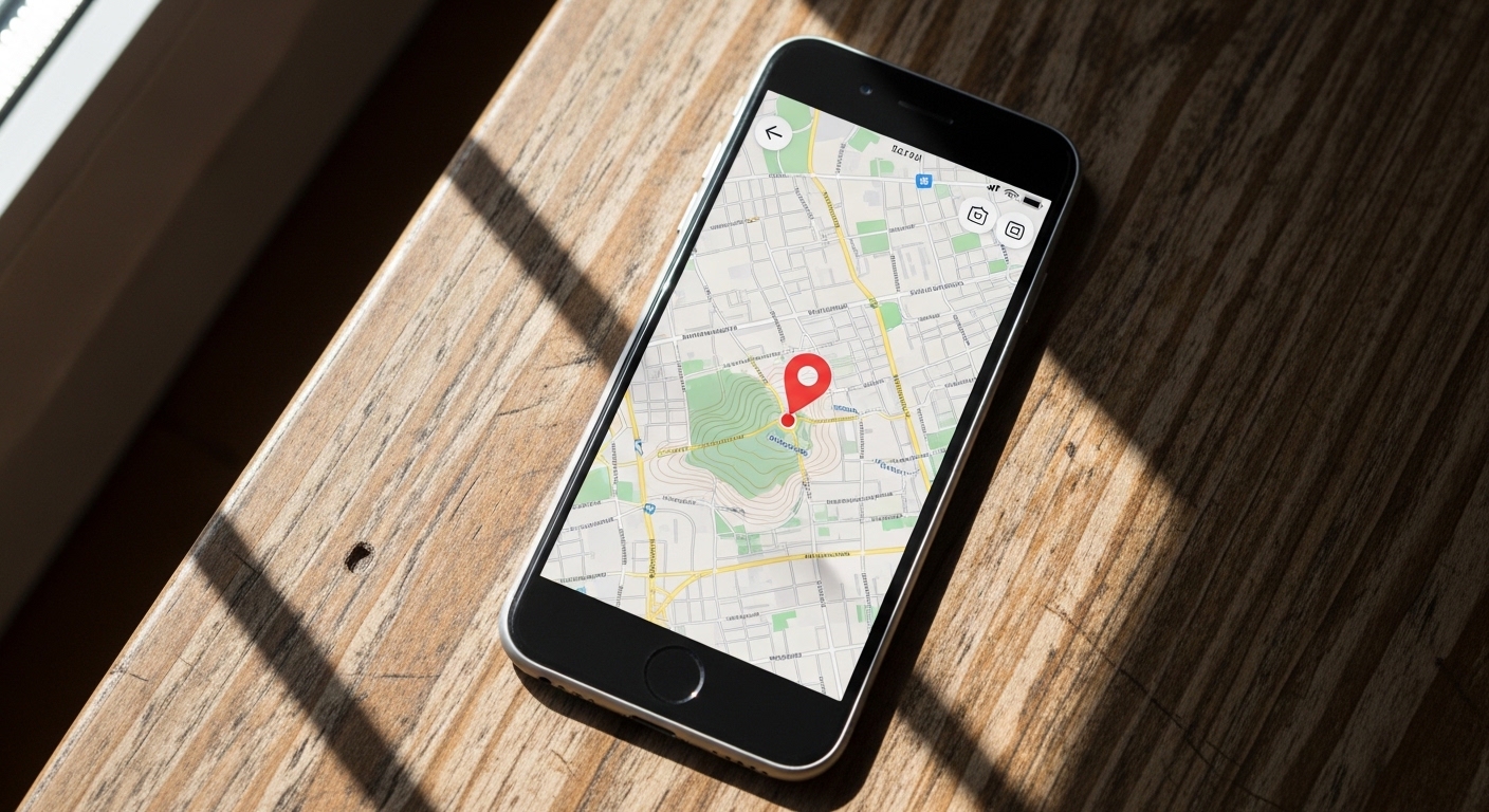 Smartphone showing GPS map with location pin overhead view
