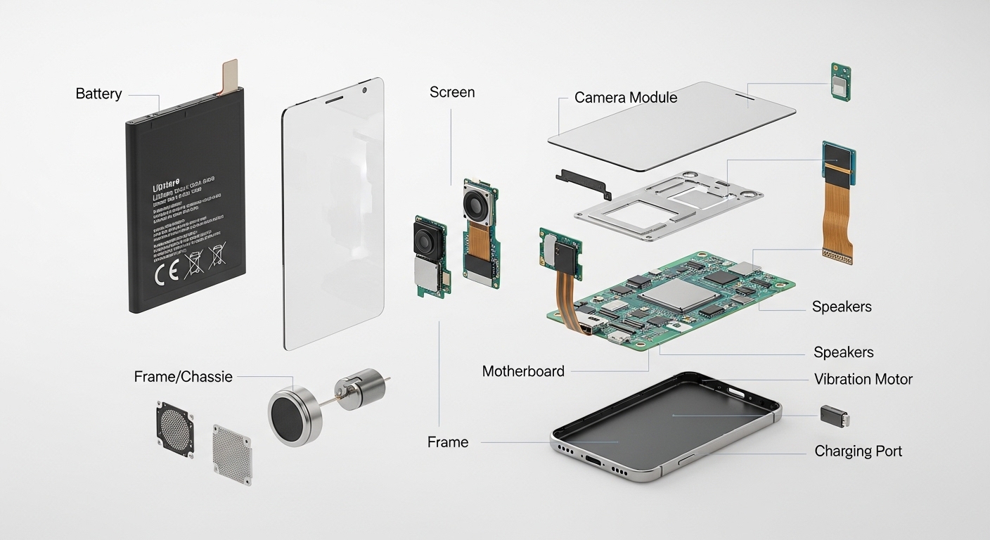 Exploded diagram of modular smartphone components