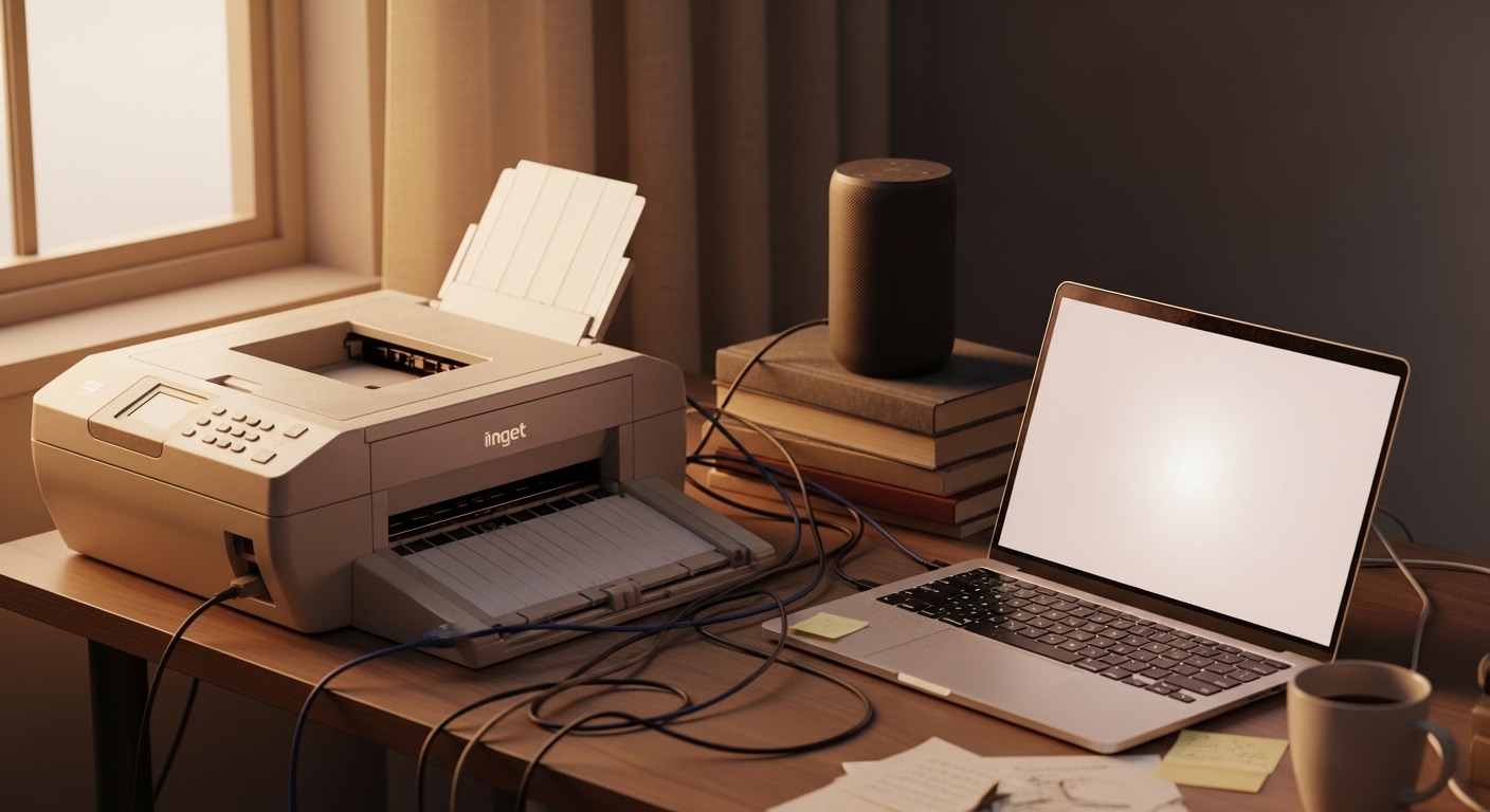 Home office desk mixing old and new technology