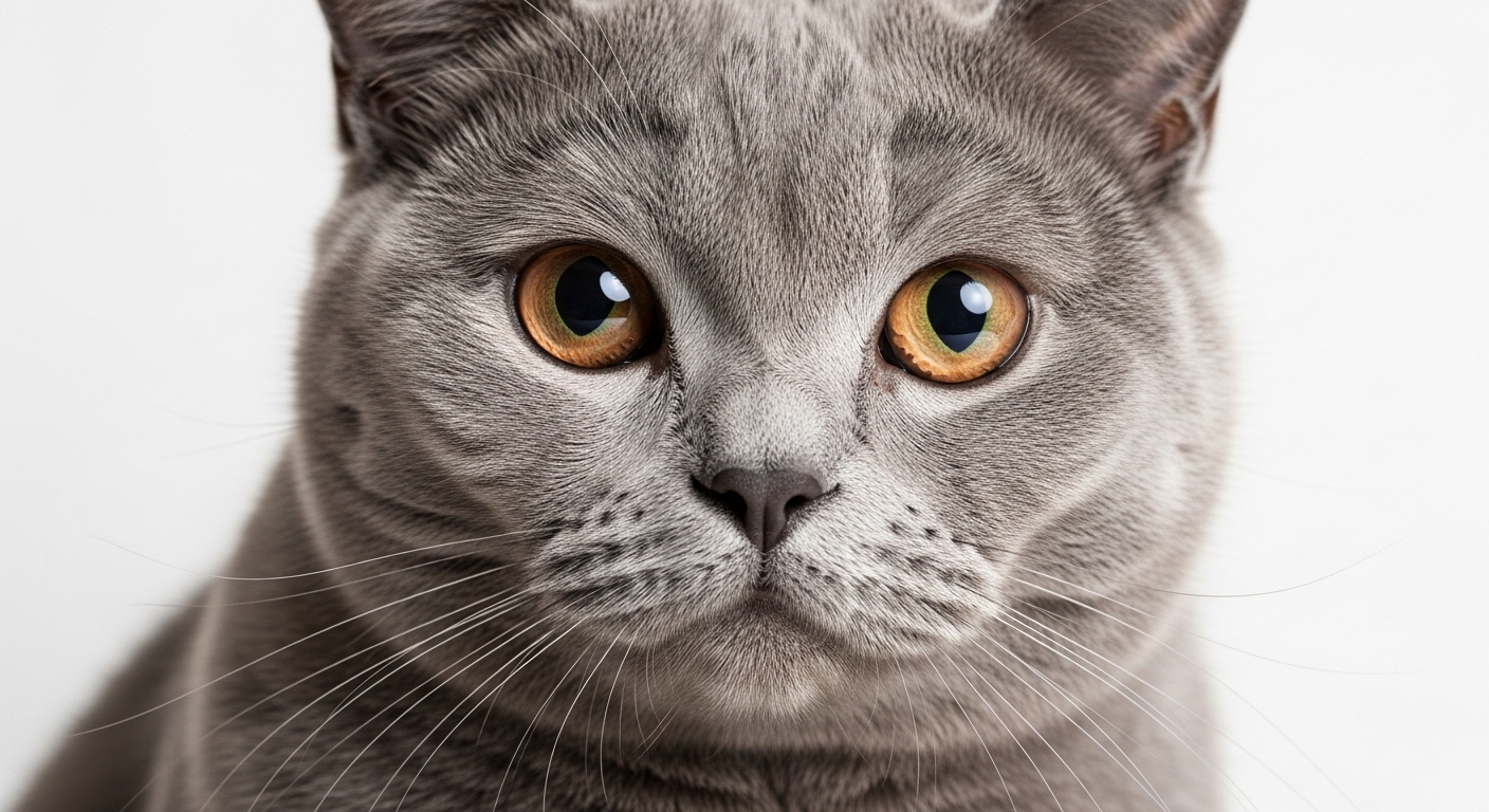 close-up of British Shorthair cat with copper eyes and plush coat