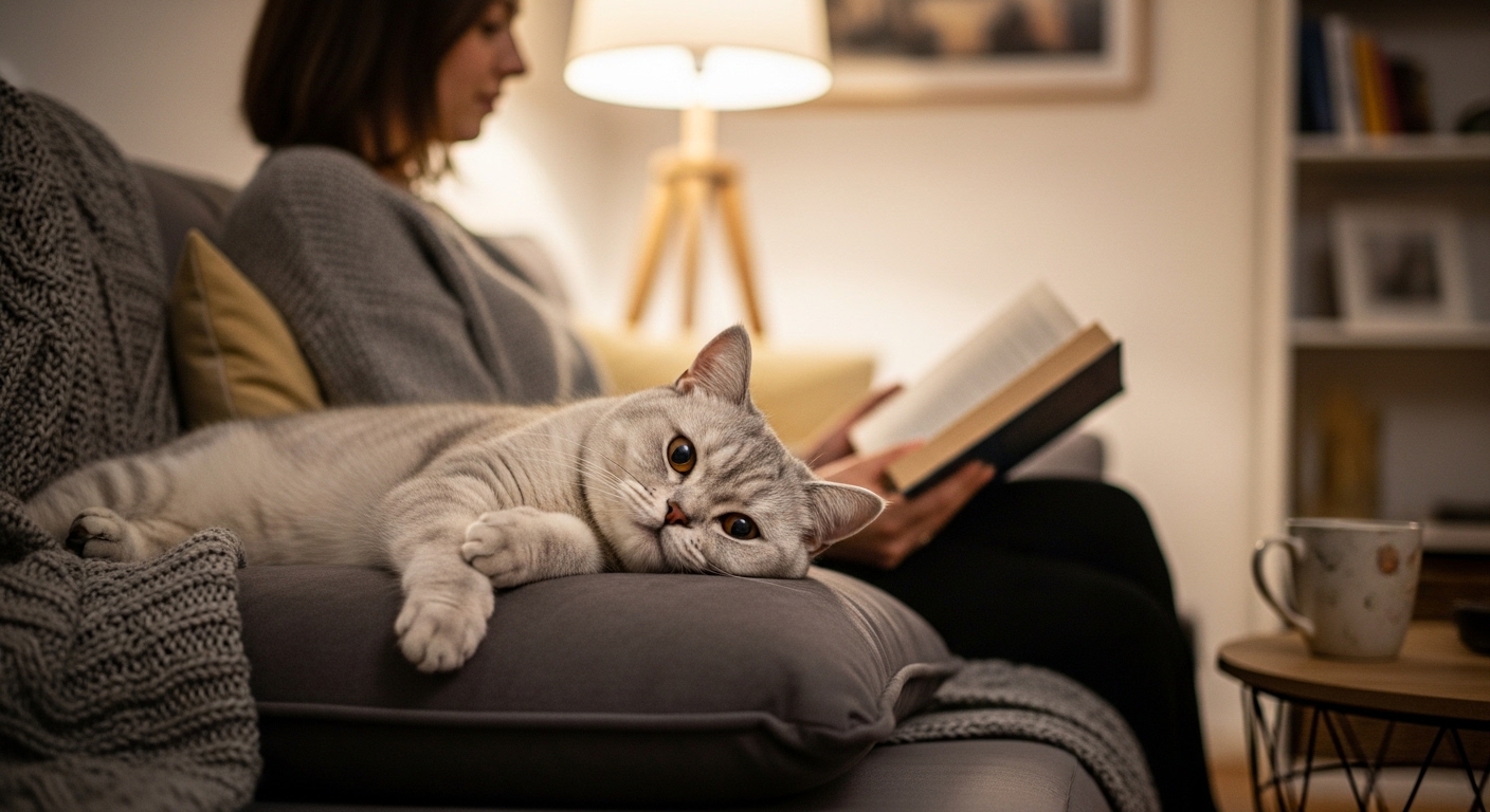 British Shorthair cat relaxing beside owner on grey sofa