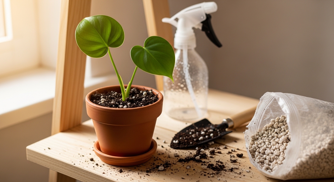 Newly potted philodendron cutting in terracotta pot with propagation tools.