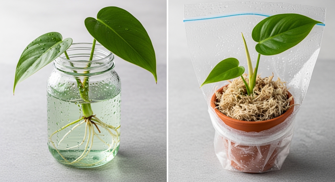 Philodendron cuttings rooting side by side in water and sphagnum moss.