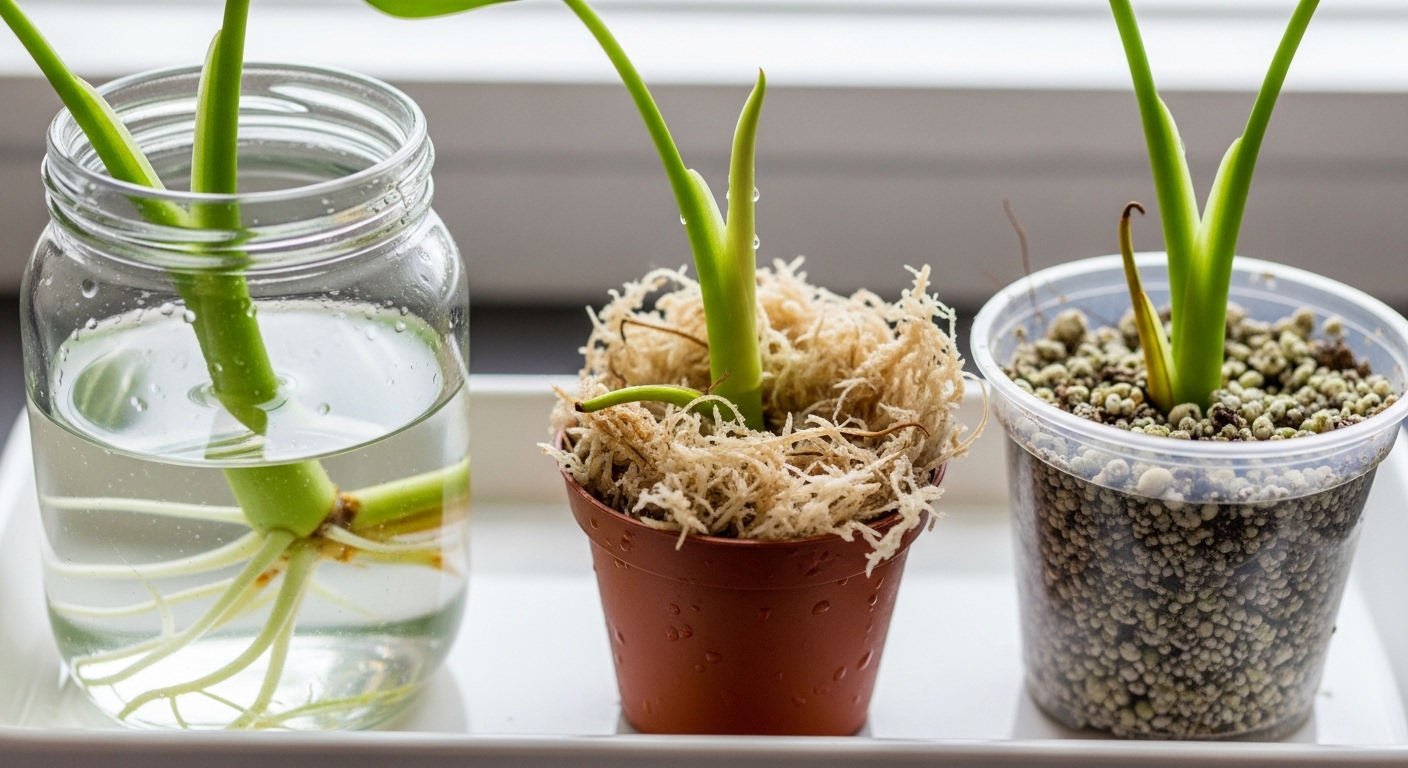 Three philodendron cuttings in water, sphagnum moss, and soil mix.
