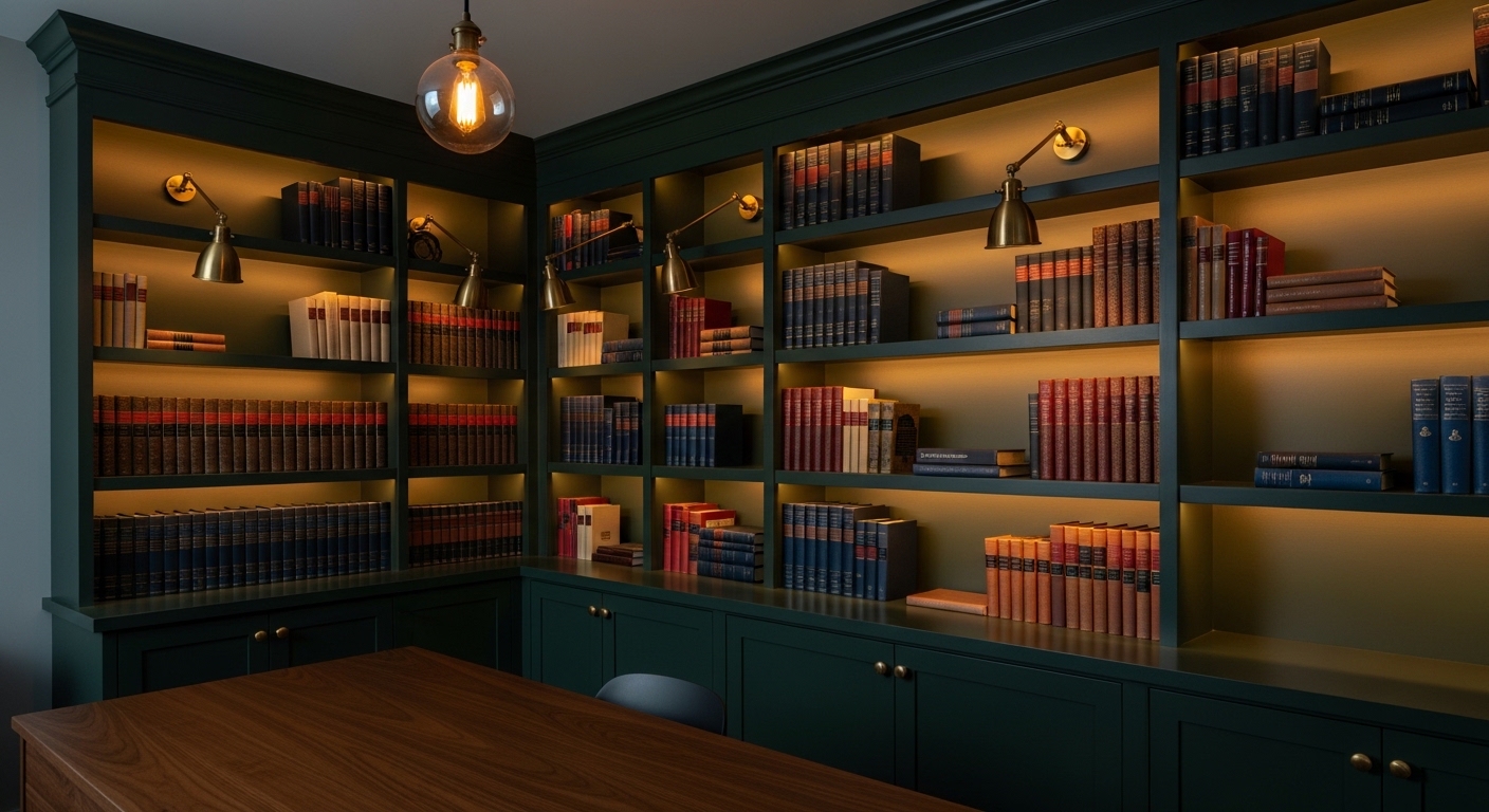Dark green built-in library wall with warm LED lighting in home office
