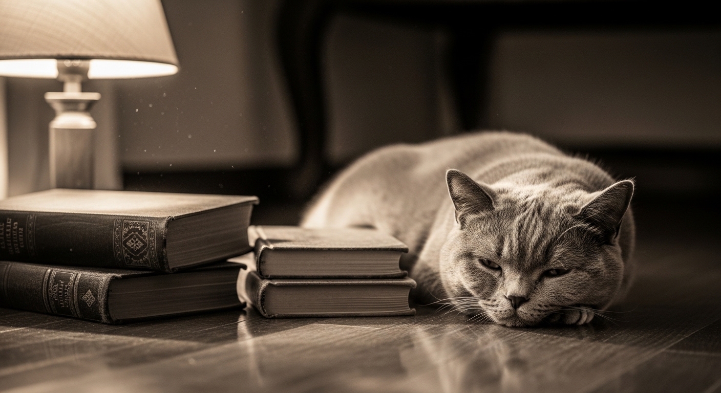 British Shorthair cat resting beside vintage books in warm light