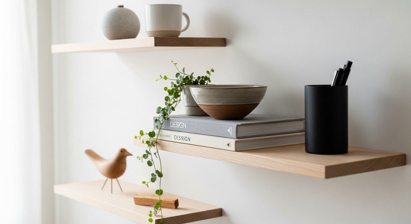 Minimalist floating shelves styled with ceramics and trailing plant
