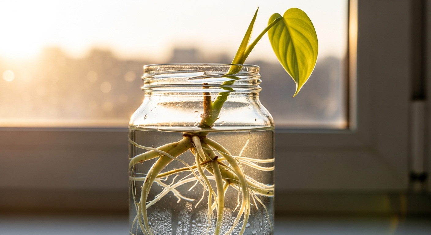 Philodendron cutting with developed root system and new leaf in glass jar.