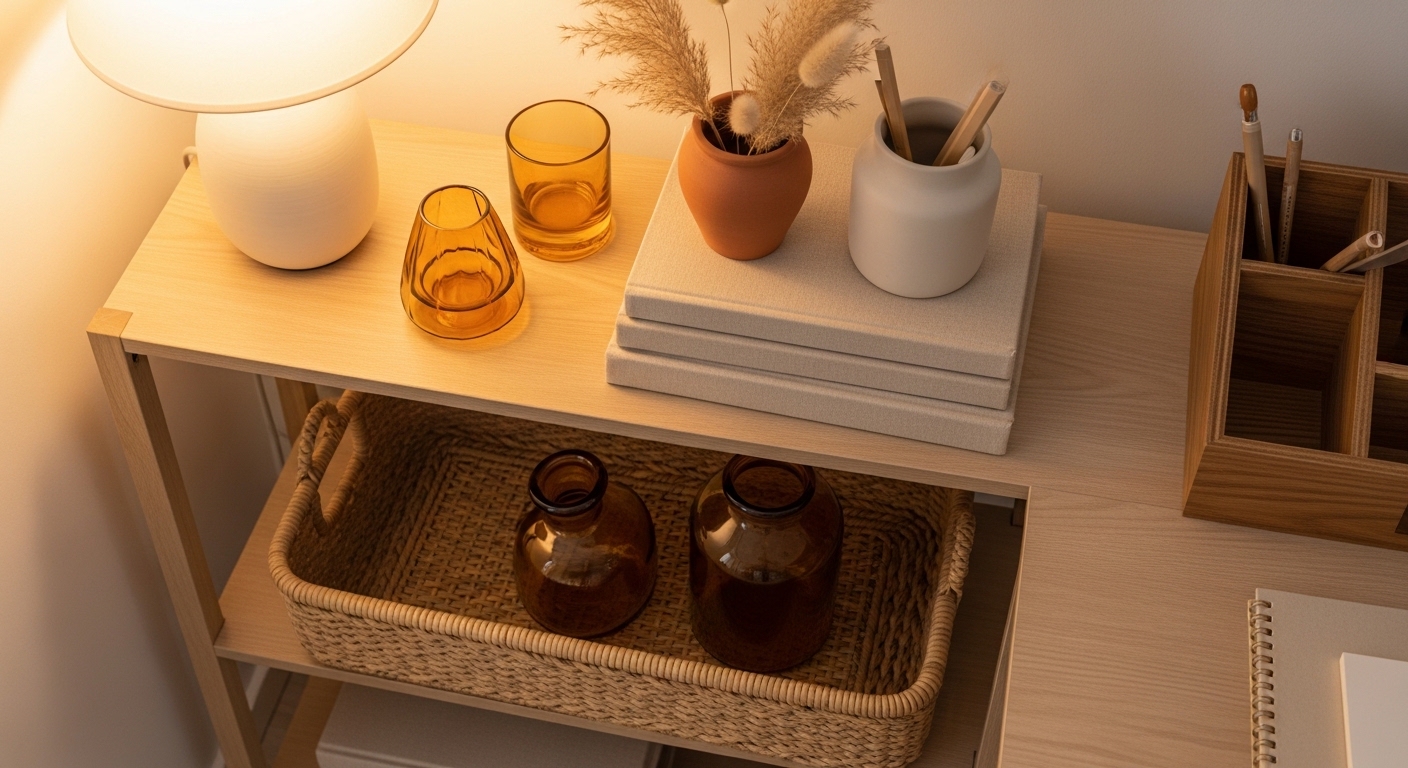 Overhead shot of cozy neutral home office shelf corner with rattan and ceramics