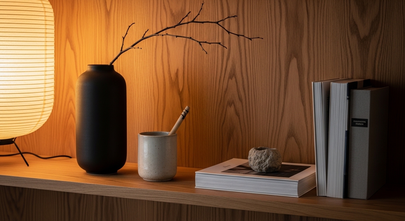 Japandi shelf vignette with smoked oak, ceramic vase, and dried branch