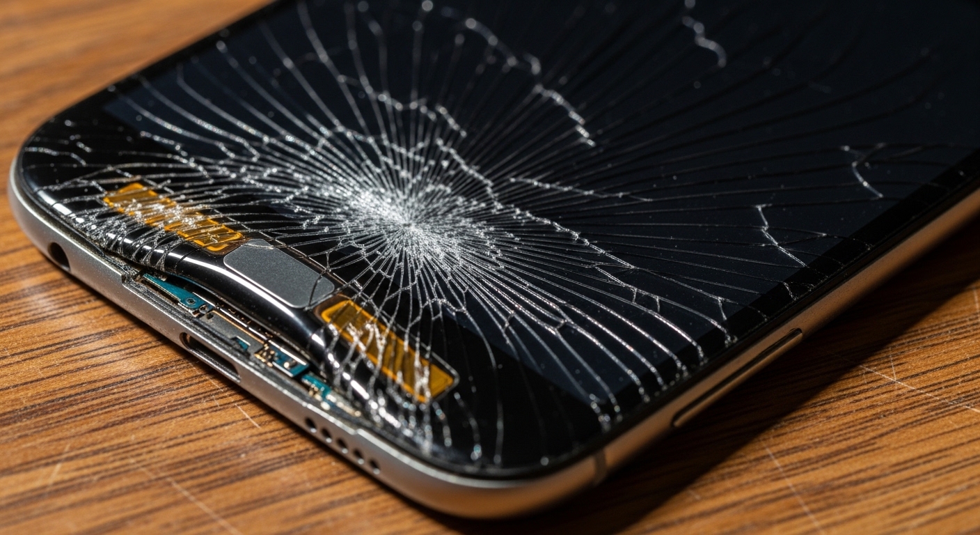 Cracked phone screen with swollen battery visible