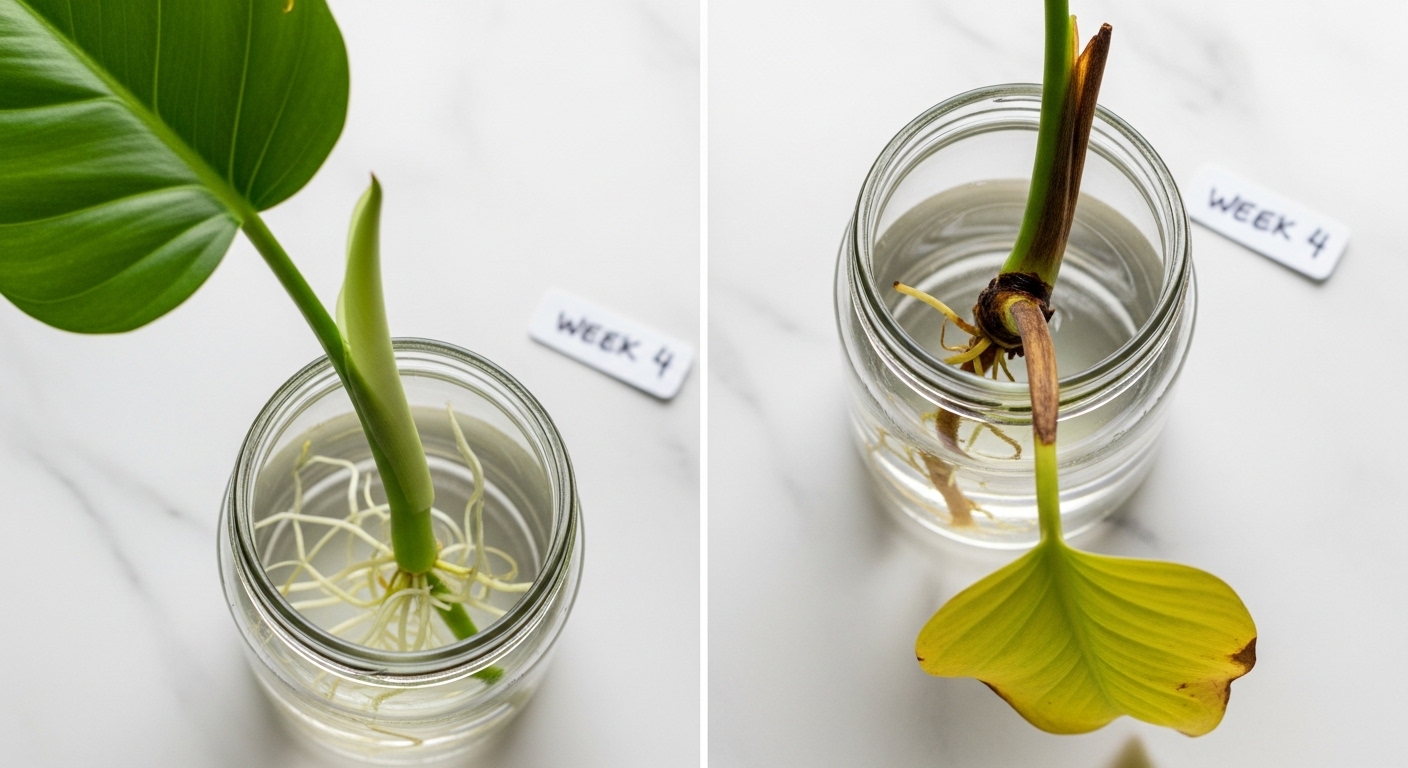 Healthy philodendron cutting beside one showing early stem rot.