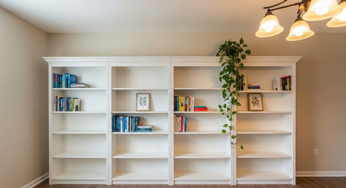 Budget built-in bookcase hack with painted IKEA shelves in home office