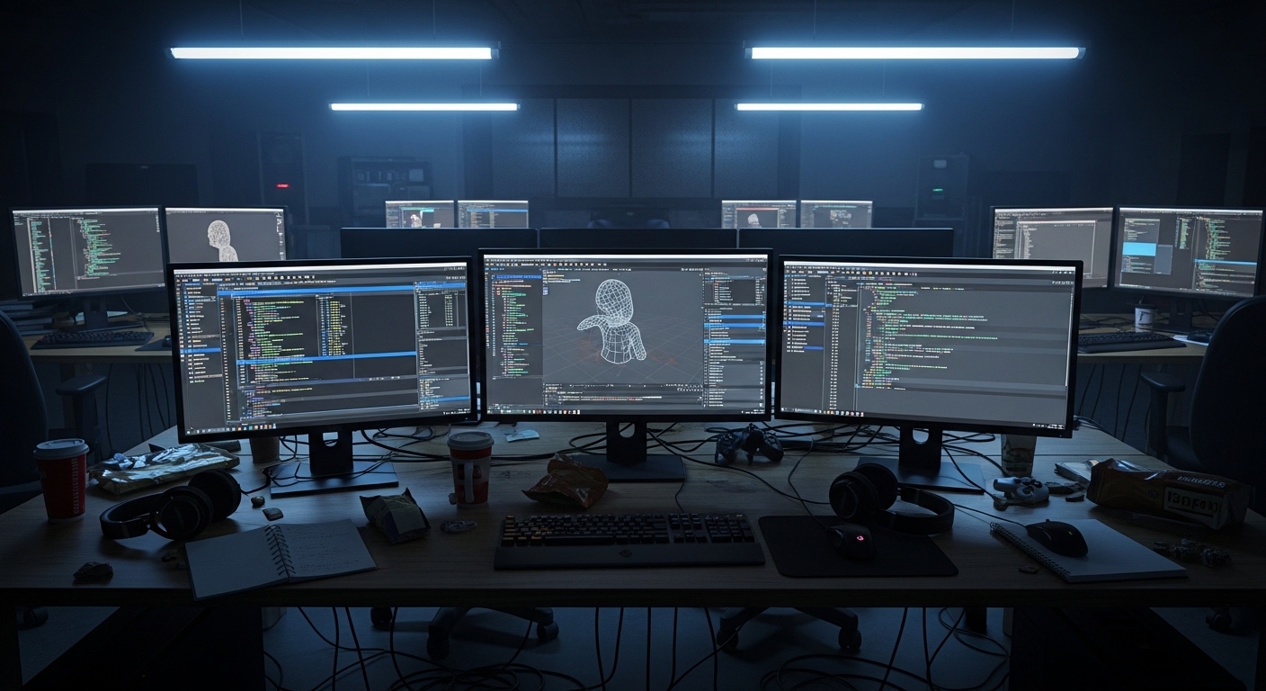 Empty game studio workspace with debugging tools on monitors