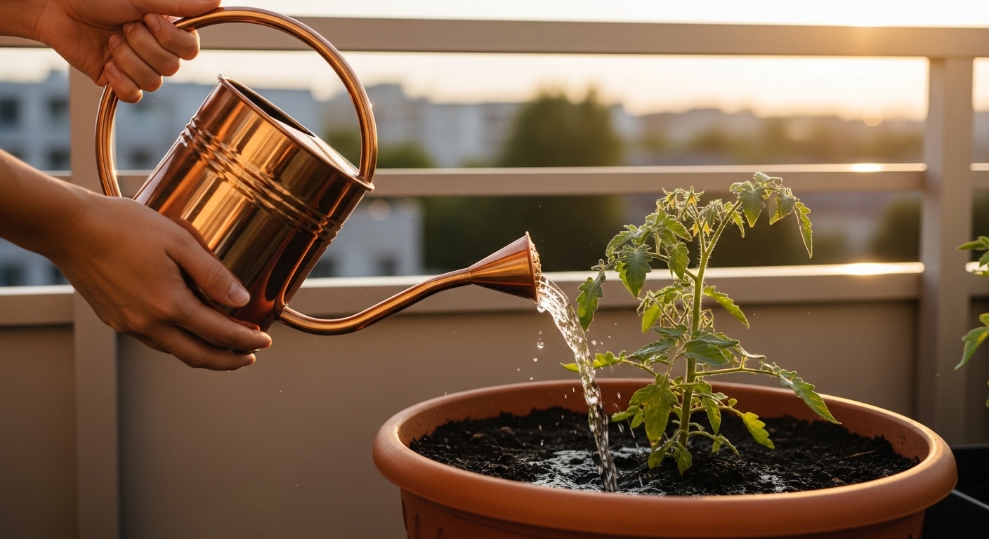 Hands watering compact tomato plant in terracotta pot on sunny balcony