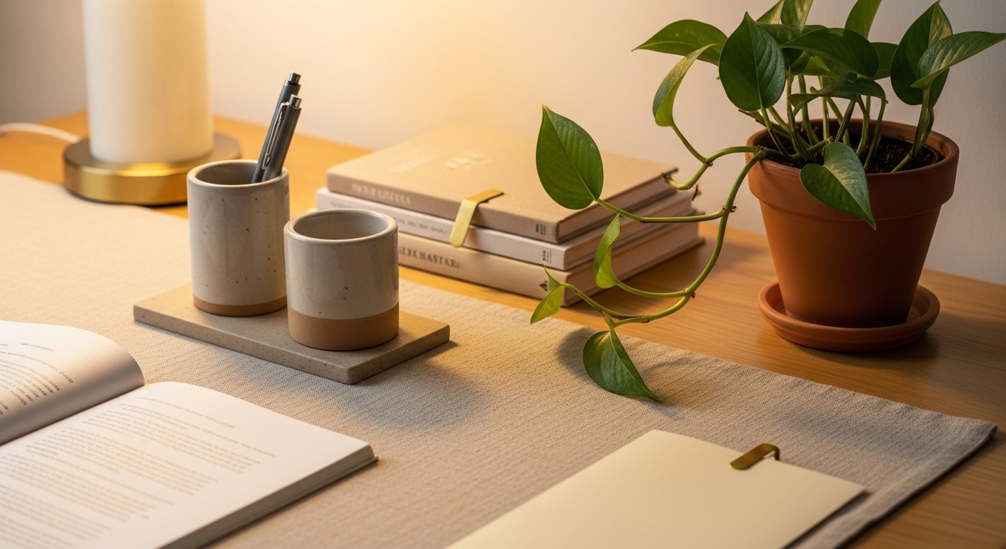 Styled desk corner with linen mat, ceramic accessories, and trailing plant