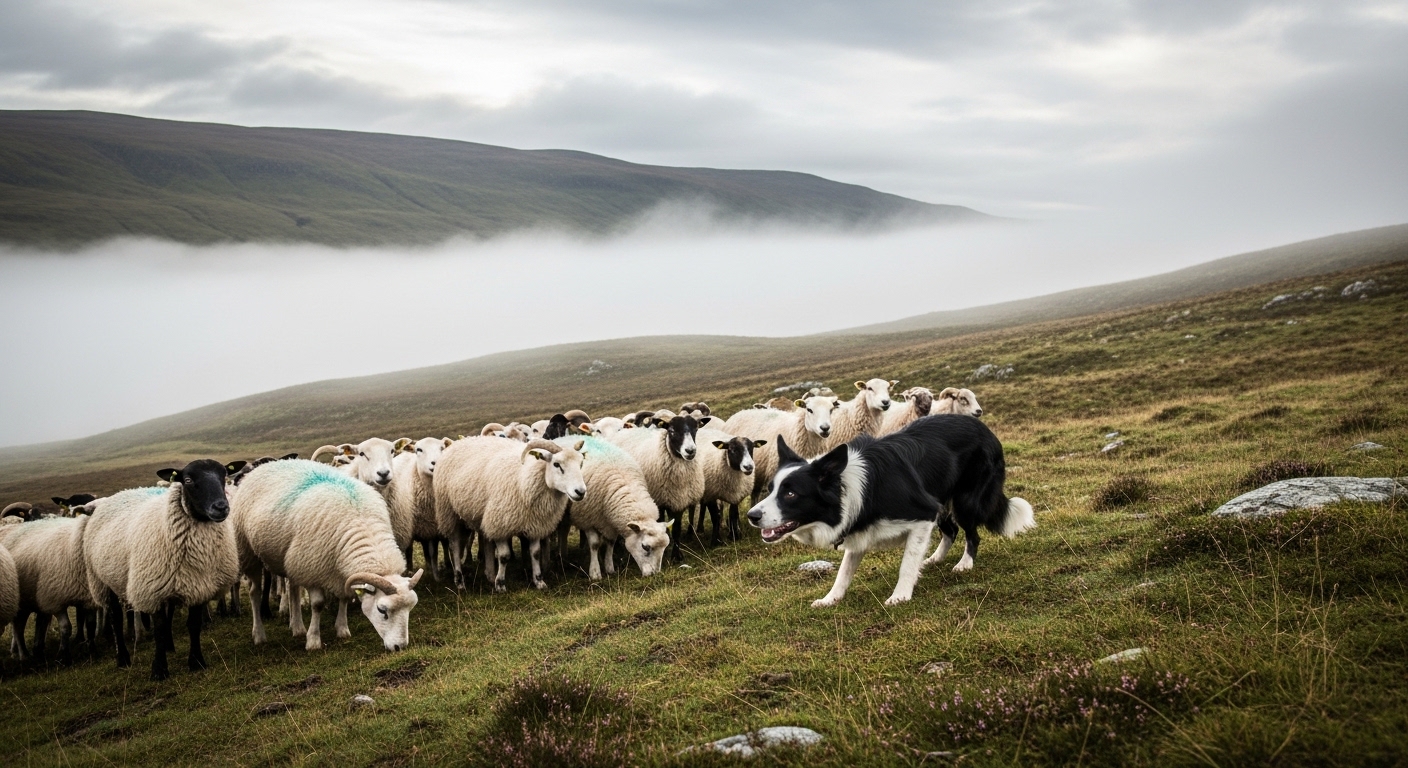 Border Collie herding sheep on misty Scottish hillside
