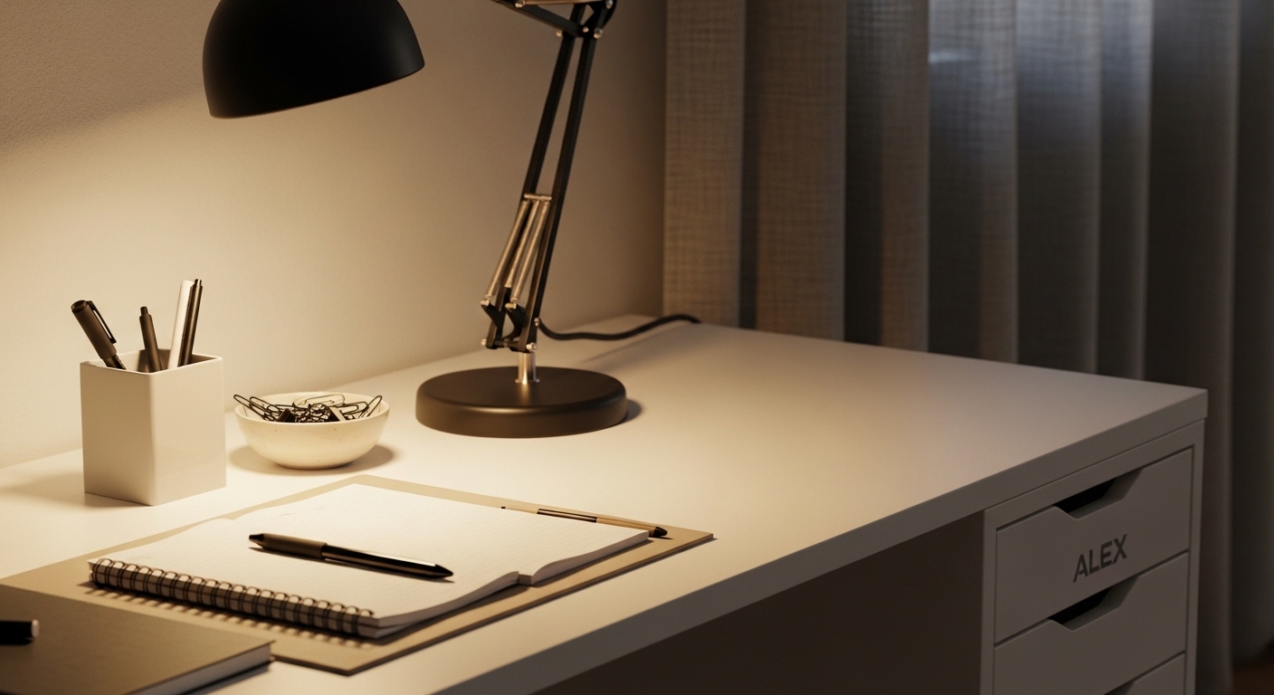 Close-up of IKEA LAGKAPTEN desk with minimal office accessories