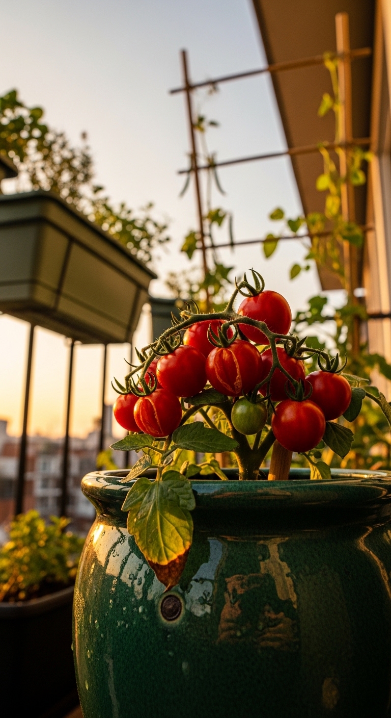 Golden hour balcony garden with ripe cherry tomatoes and climbing beans in background