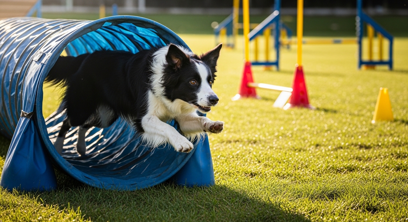 Border Collie running through agility tunnel at outdoor arena