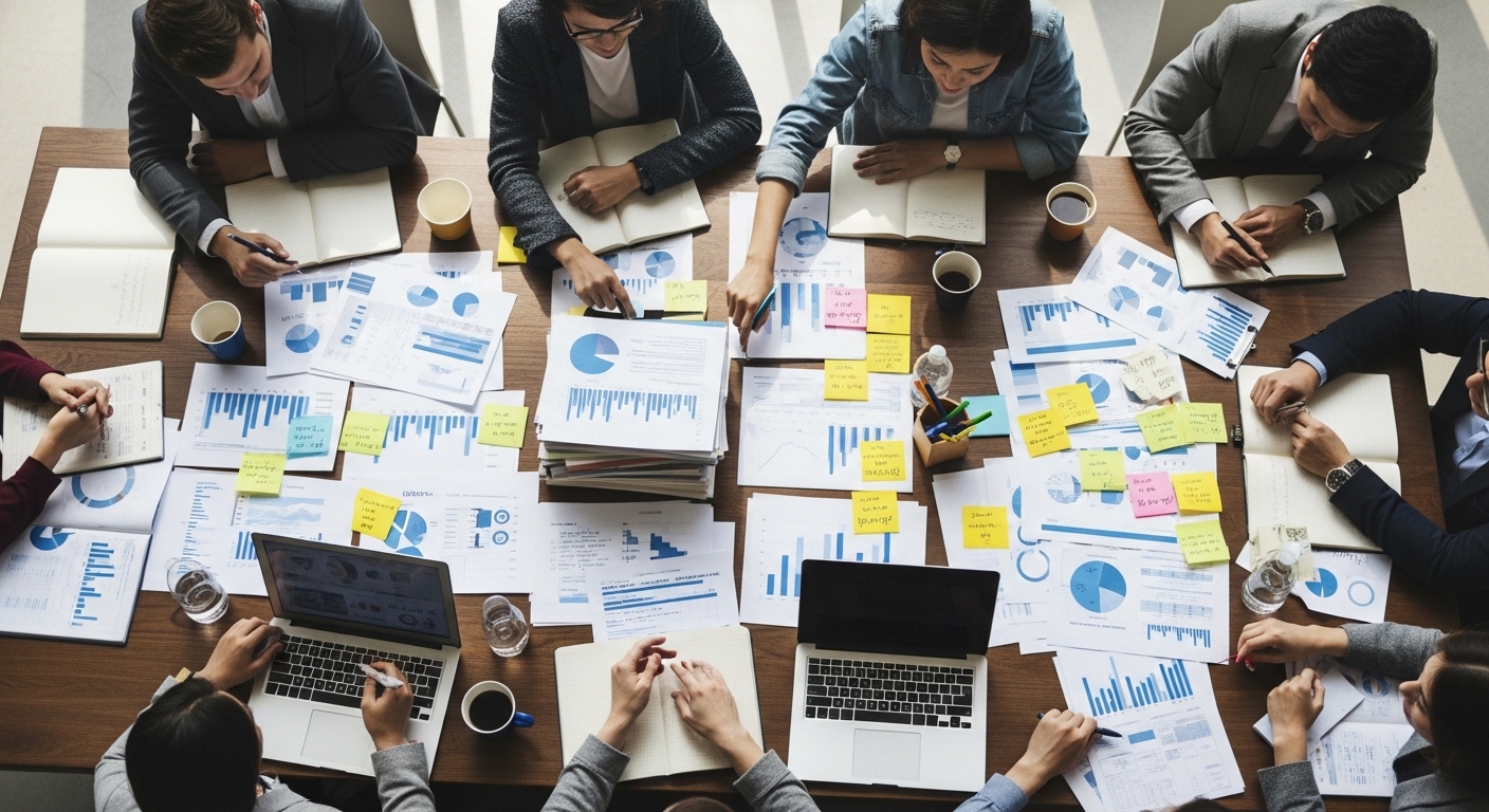 Analysts reviewing AI performance data reports at conference table
