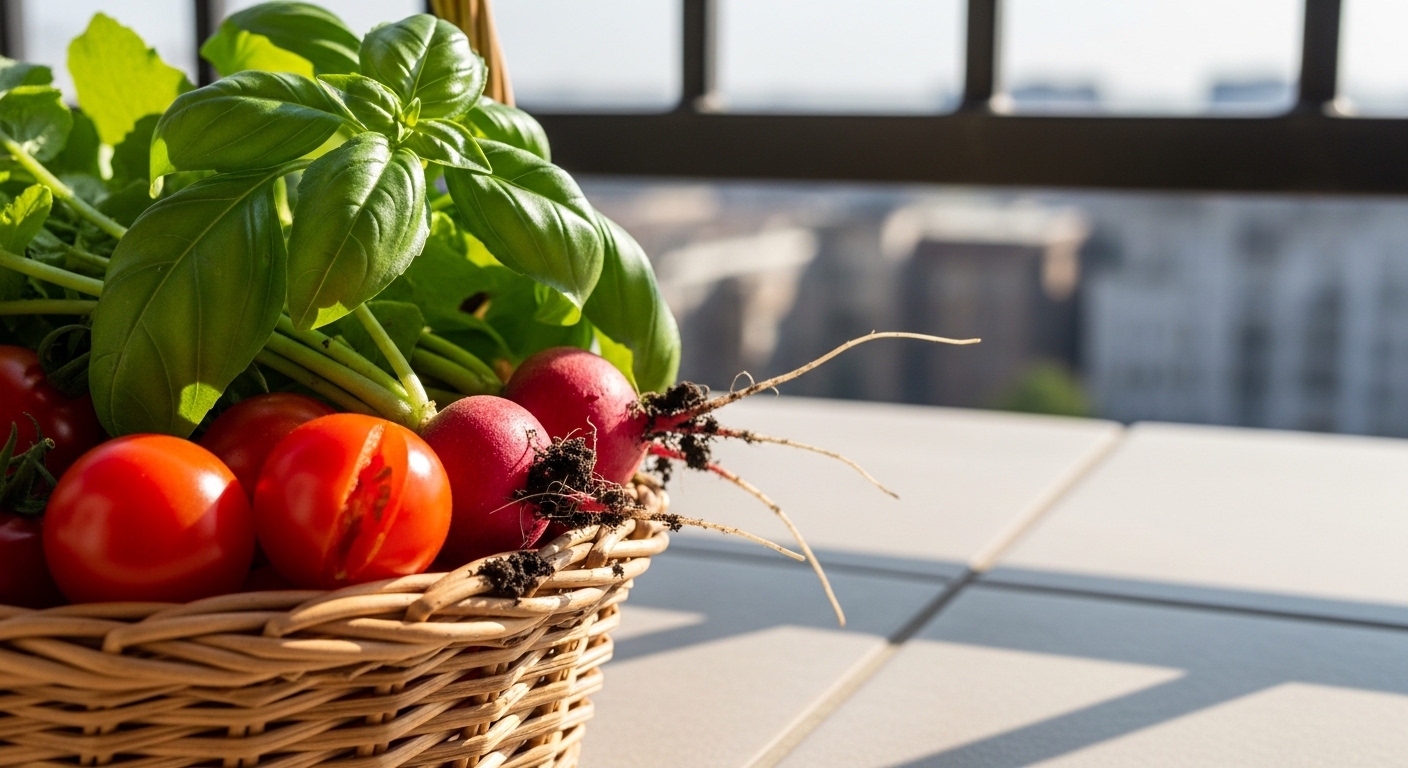 Wicker basket with cherry tomatoes, basil, and radishes harvested from balcony
